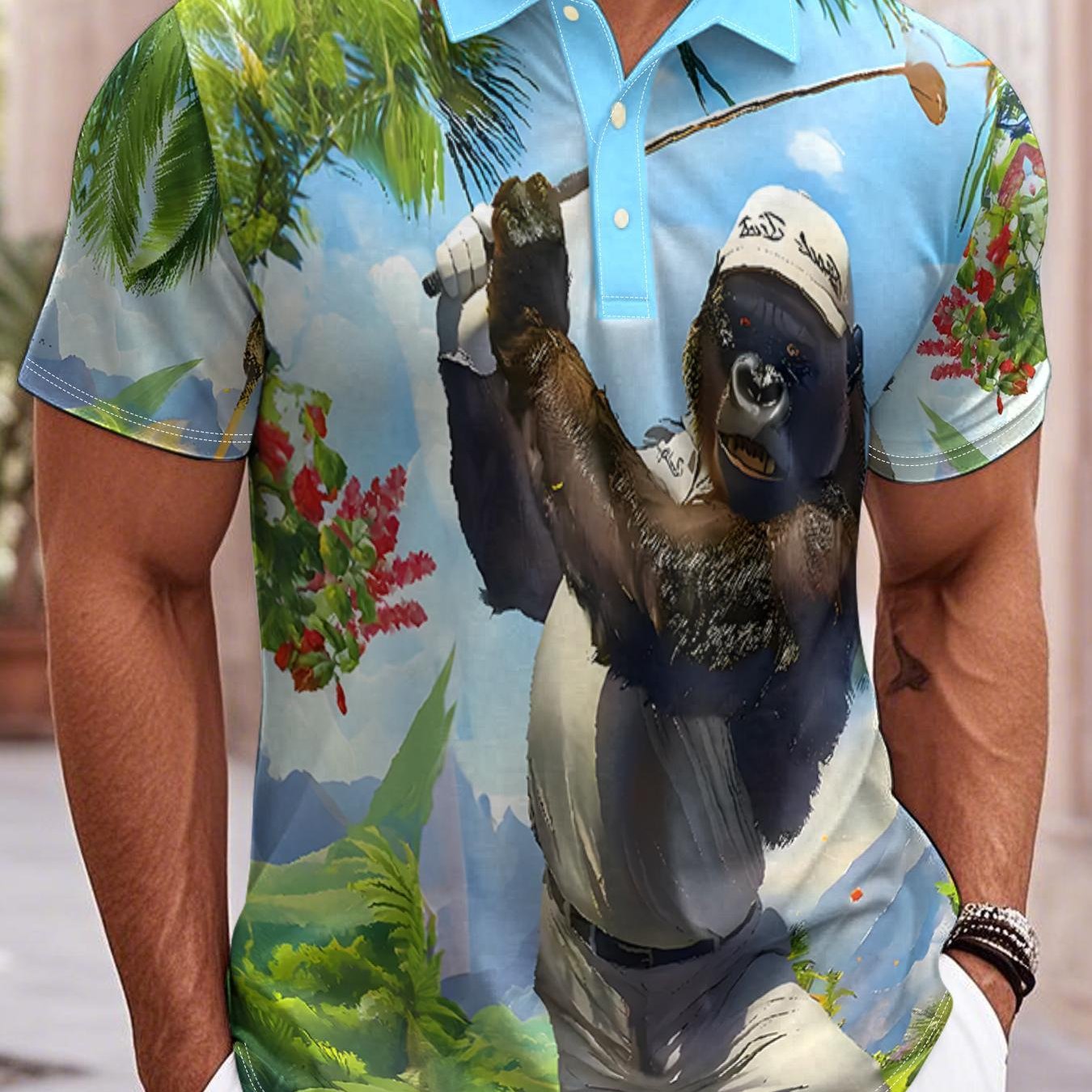 TEMU Men's Fun Gorilla Golf Print - Tree And Golfer Design, Breathable Short Sleeve Sportswear, Suitable For Casual And Golf , Machine Washable