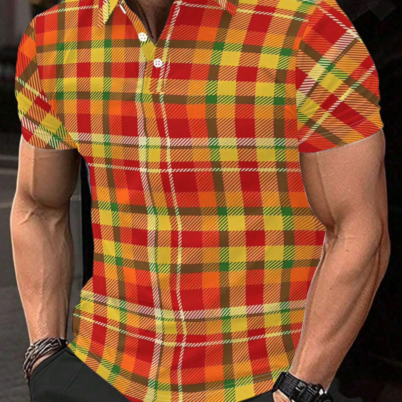 TEMU Polo Homme Manches Courtes - Motif Imprimé Numérique Plat - Texture - Design à Carreaux , Jaune et Vert, Manches Courtes Élégantes et Faciles,