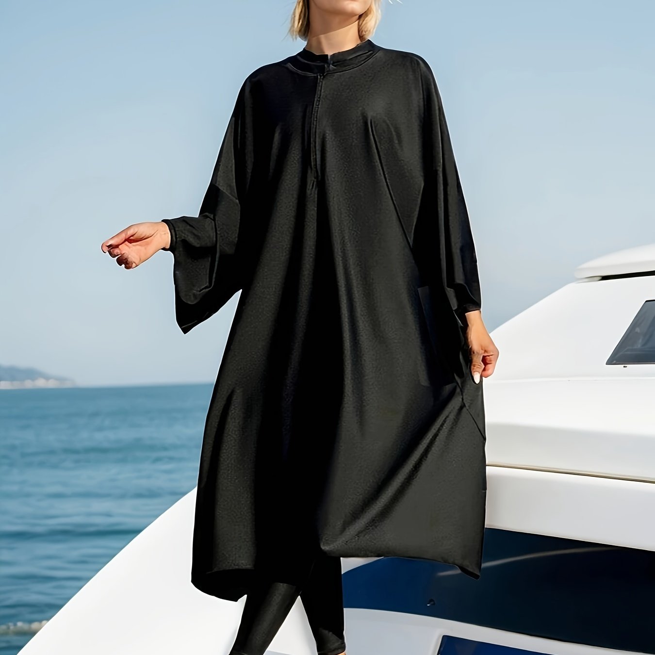 -piece Set Of Modest, Solid-colored Swimwear For Women, Complete With A Hat