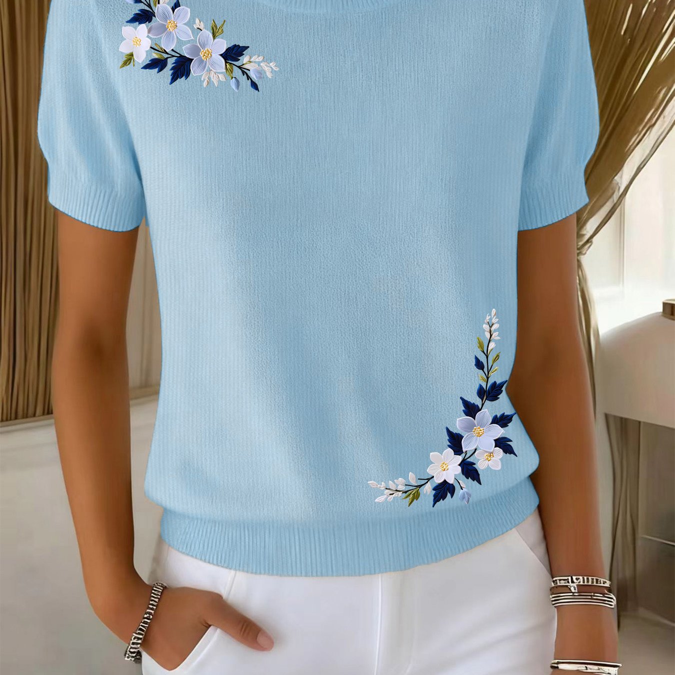 TEMU Pull Décontracté Femme - Pull à Manches Courtes et Coupe avec Col Rond, Haut Confortable Légèrement Extensible, Design Texturé, Tissu Durable,