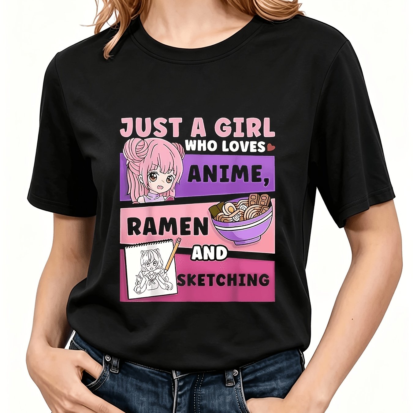 E-shop Damen "Just a Who Anime, Ramen, And Sketching" Grafik T-Shirt - Lebendiges schwarzes T-Shirt mit auffälligem pinkfarbenem und lila Design,
