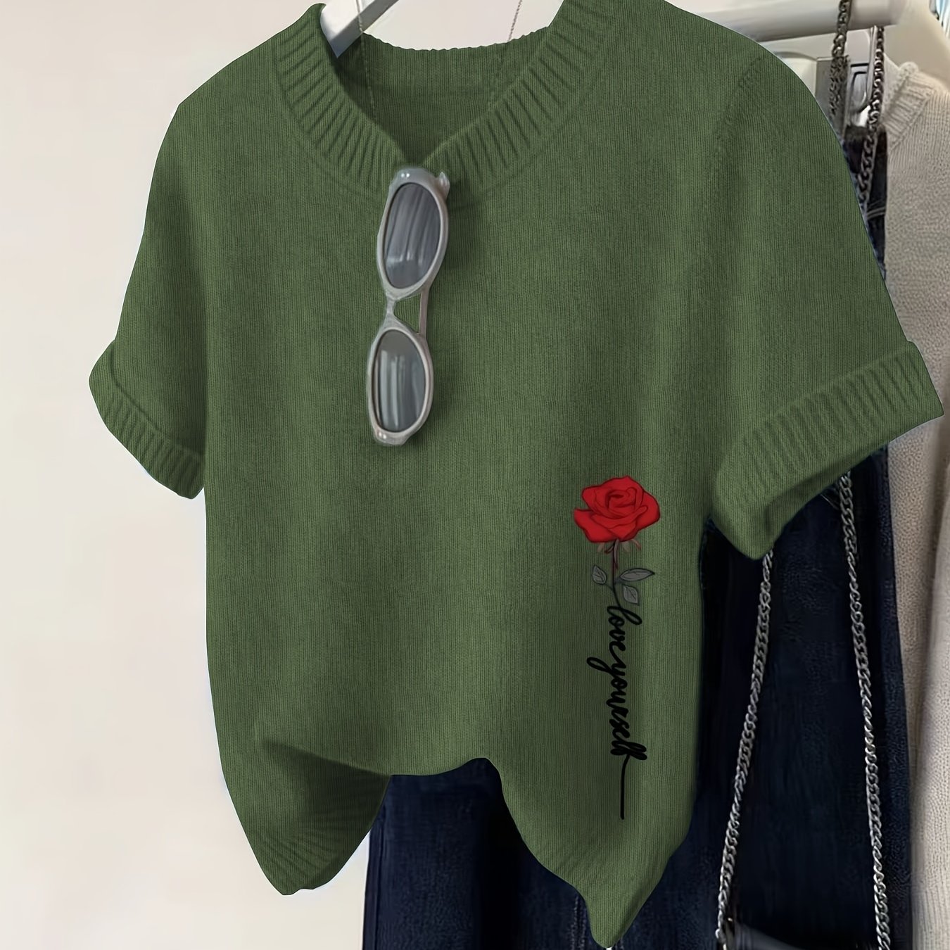 TEMU Design Imprimé – Non Texturé, Pull Femme Col Rond Manches Courtes, et Confortable , Spécialisé en Pulls - Vente Exclusivement de Pulls