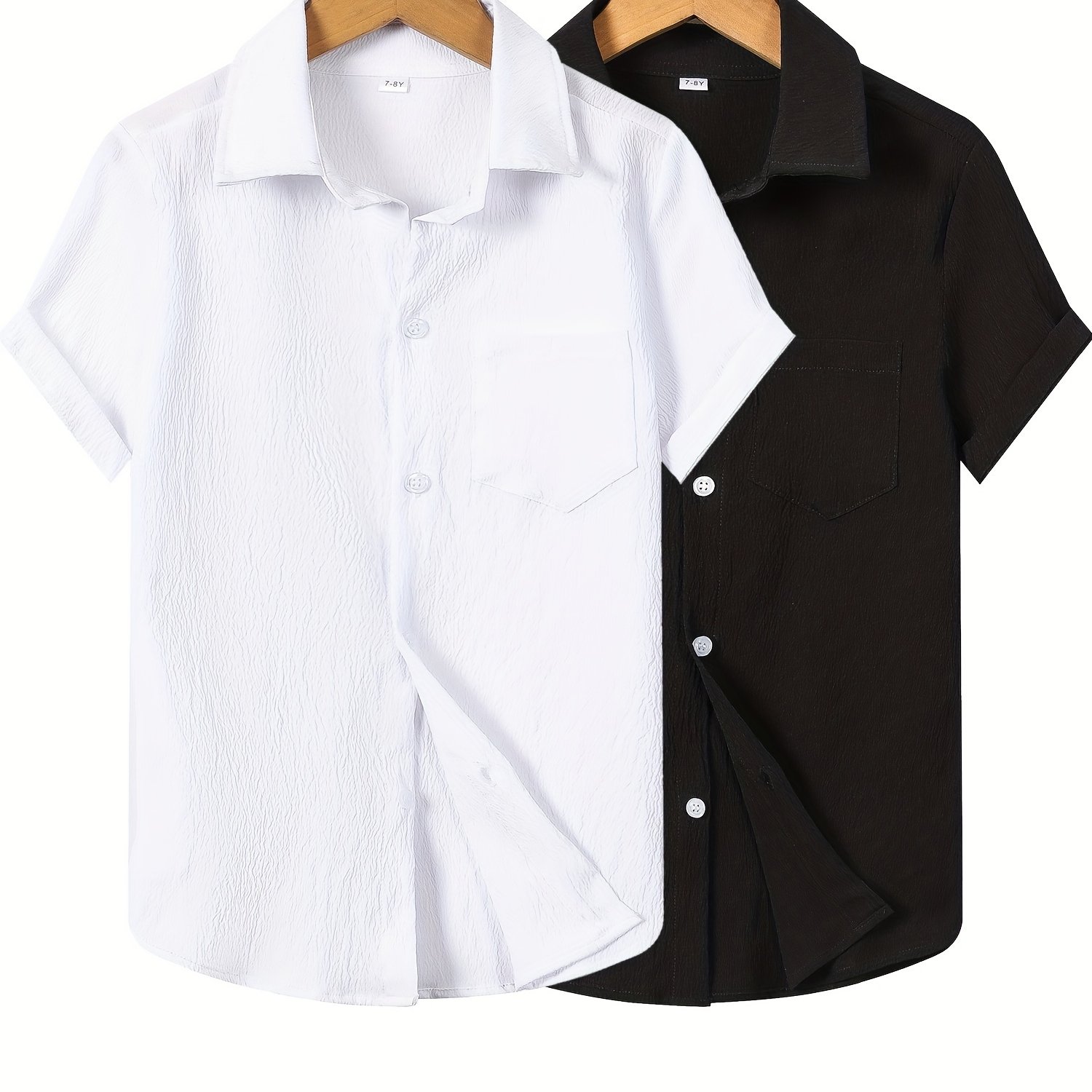 2pcs Boys' Casual Easy Solid Color Shirt Set, Elastic Wrinkle Texture Fabric