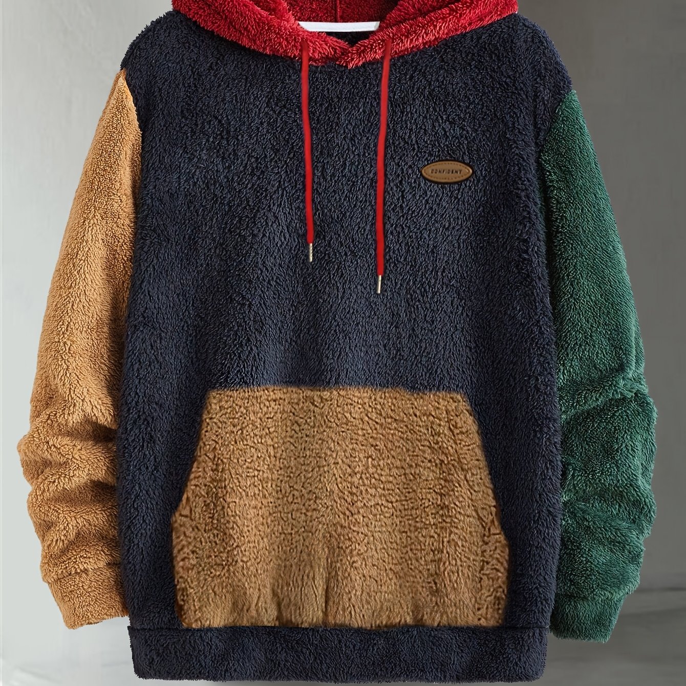 E-shop Herren Plüsch Kapuzenpullover in Mehrfarben mit -Patch-Stickerei, Warme Herbst/Winter Hoodie mit Kordelzug