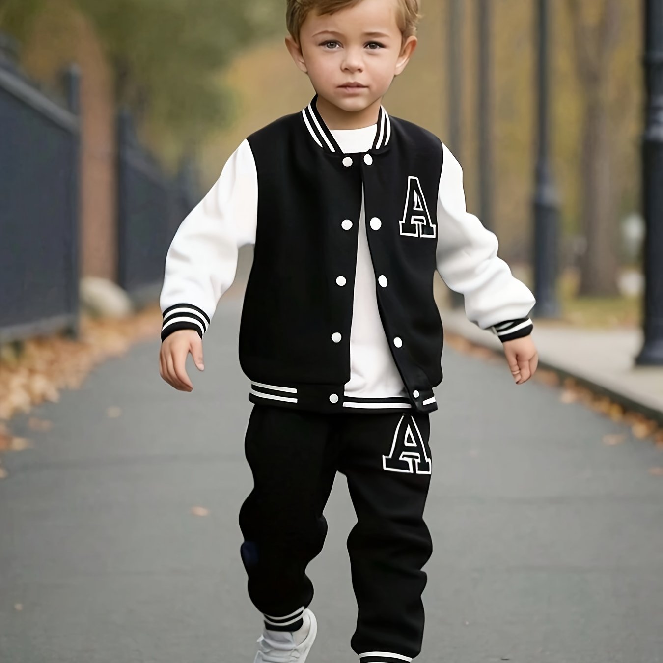 Image of European And American Baby Boys' Autumn Winter Baseball Suit With Letter A Print Jacket And Letter A Print Pants Two-piece Set, For Outdoor