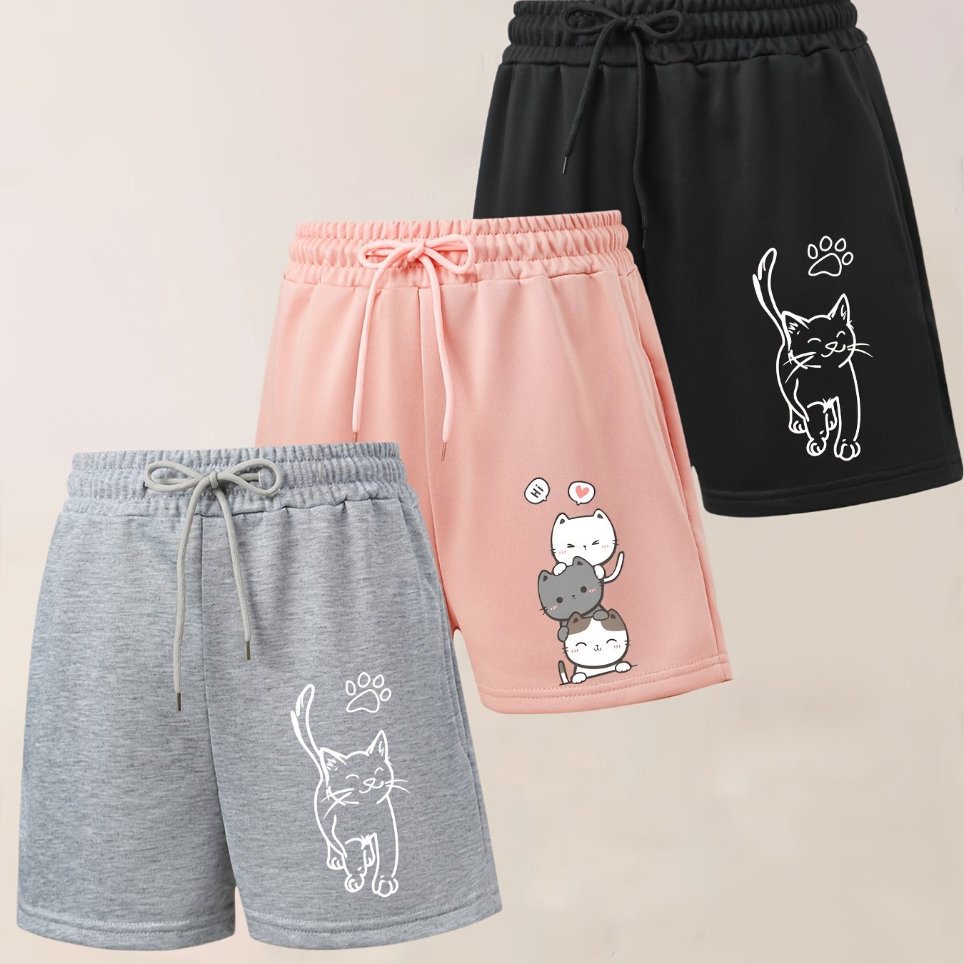 TEMU 3pcs Set Women's Elegant Casual Shorts - Cat Print, Drawstring Loose Fit Pants, Machine Washable