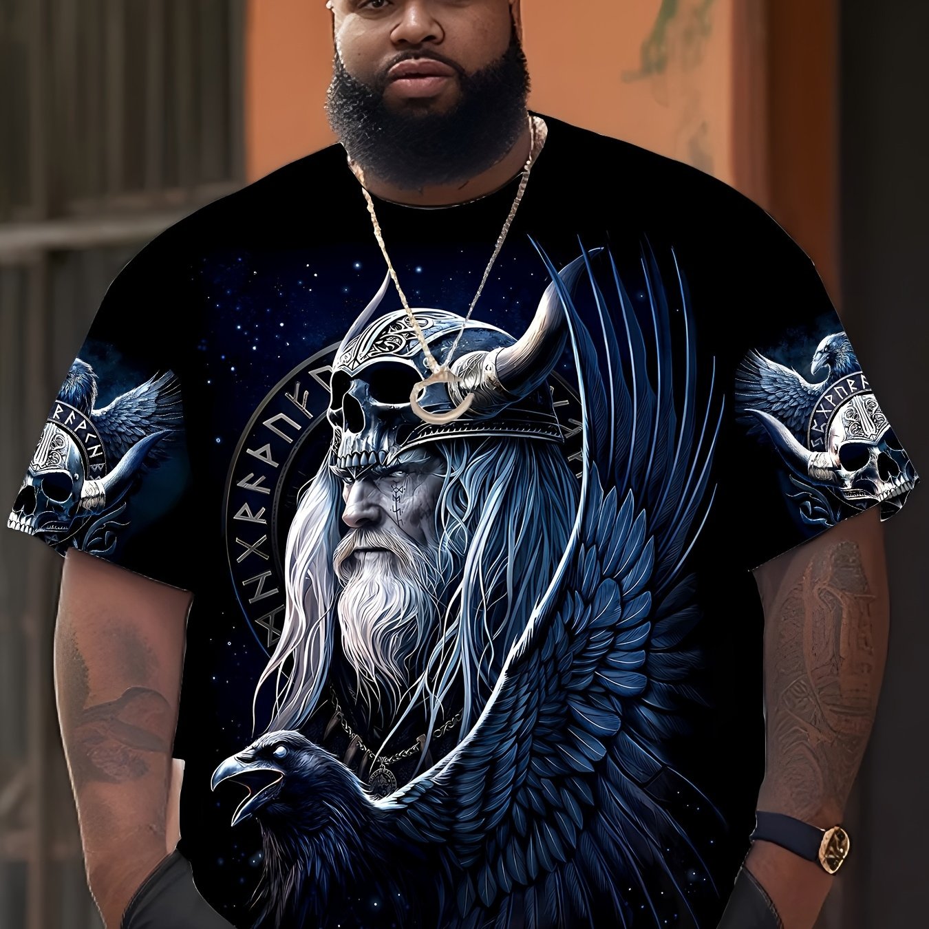 TEMU Men's Warrior Viking Style 3d Print T-shirt - Casual Crew Neck, Short Sleeve, Regular Fit, 100% Polyester Knit Fabric, Stretchy Nordic Mythology