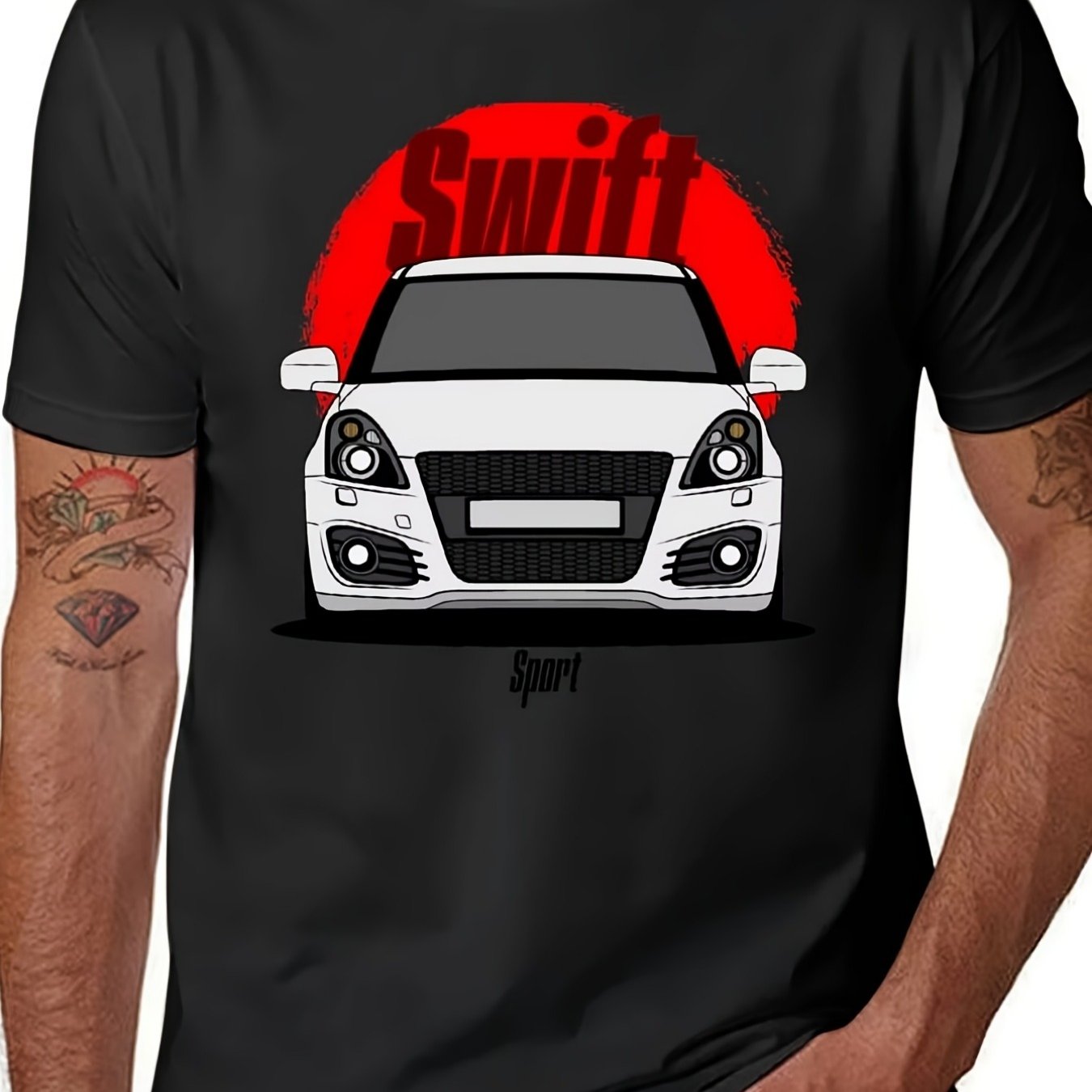 TEMU Swift Men's Vintage Swift Car Logo T-shirt - Automotive Graphic Black Tee, Regular Neck Short Sleeve Casual Shirt For Car Enthusiasts, Machine