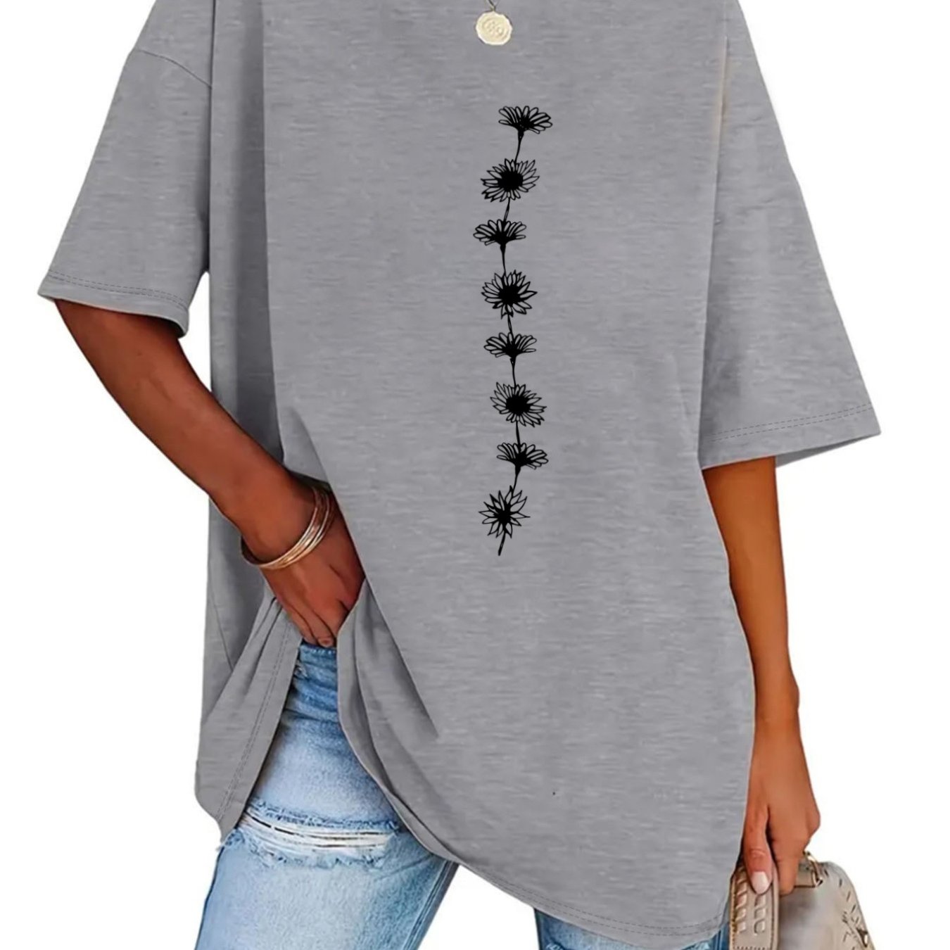 TEMU Plus Size - Plus Size - Spring Summer Short Sleeve Printed Sunflower Printed Suitable For Plus Size Women's Fashion Top T-shirt