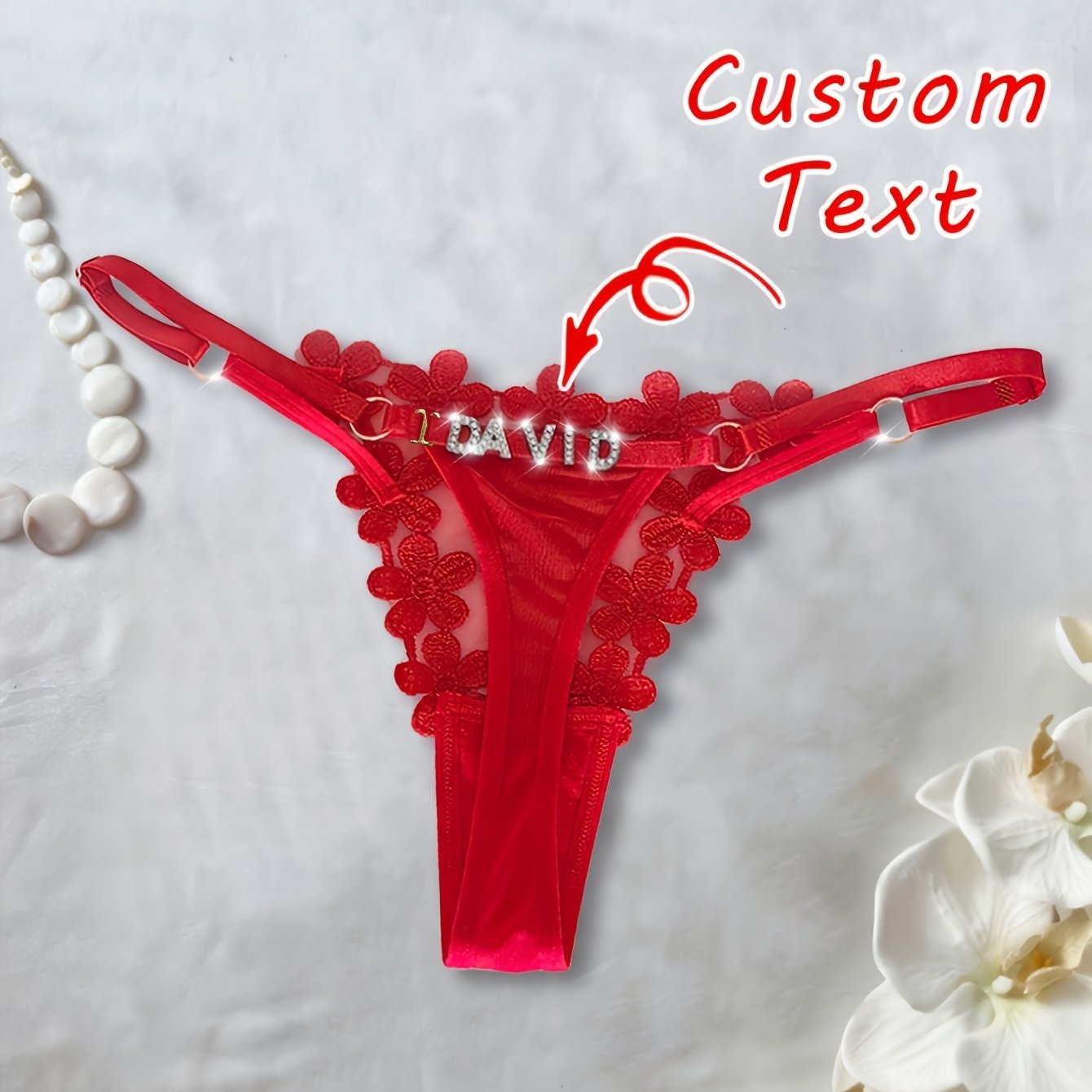 Image of [custom] Women's Custom Text Name Hot Drill Diamond Sexy Panties Lace Hollow Trousers Lace Personalized Underwear Gift For Wife Girlfriend Holiday Gift Wedding Gift Silver Drill