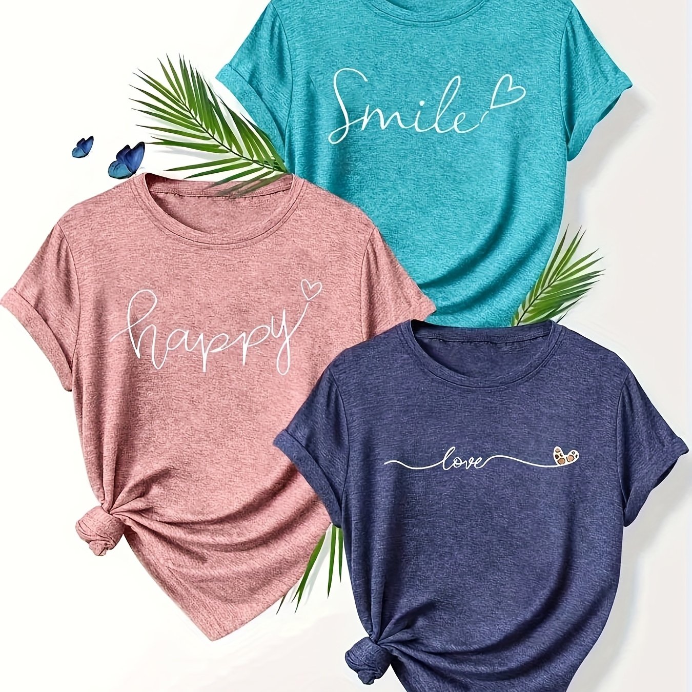 Image of Plus Size - Plus Size - 3 Printed Round-neck T-shirts, Casual Short-sleeve T-shirts For Spring And Summer, Women's Clothing