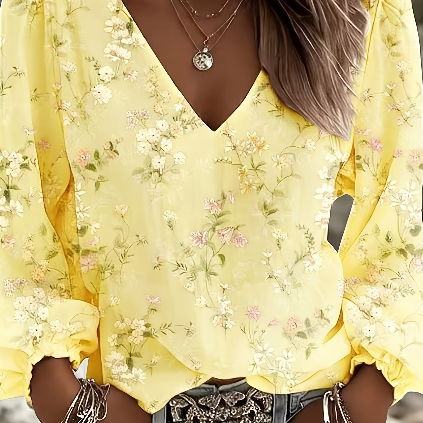 TEMU Plus Size, New Plus Size Women's Fashion Floral Print Puff Sleeve Long Sleeve Blouse