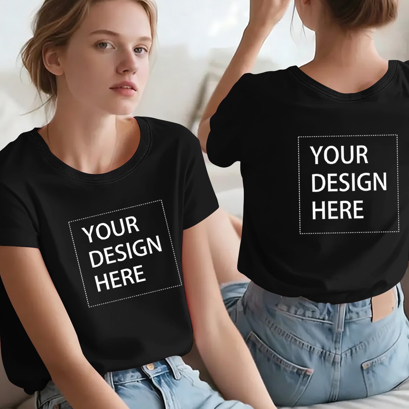 TEMU Women's Photo & Text Print T-shirt | Personalized Short Sleeve White/black Top With Your Own Image/logo, Machine Washable, Ideal For Summer