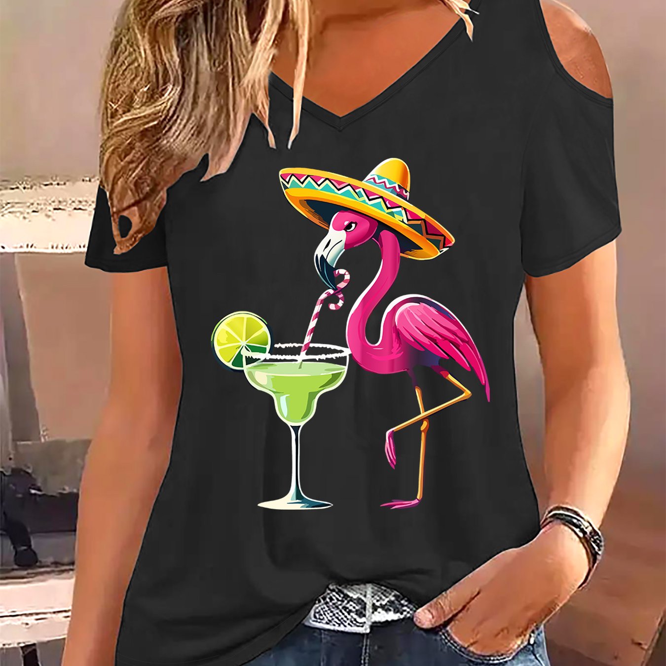 TEMU Graphic Print T-shirt, Short Sleeve V Neck Casual Top For Summer & Spring, Women's Clothing
