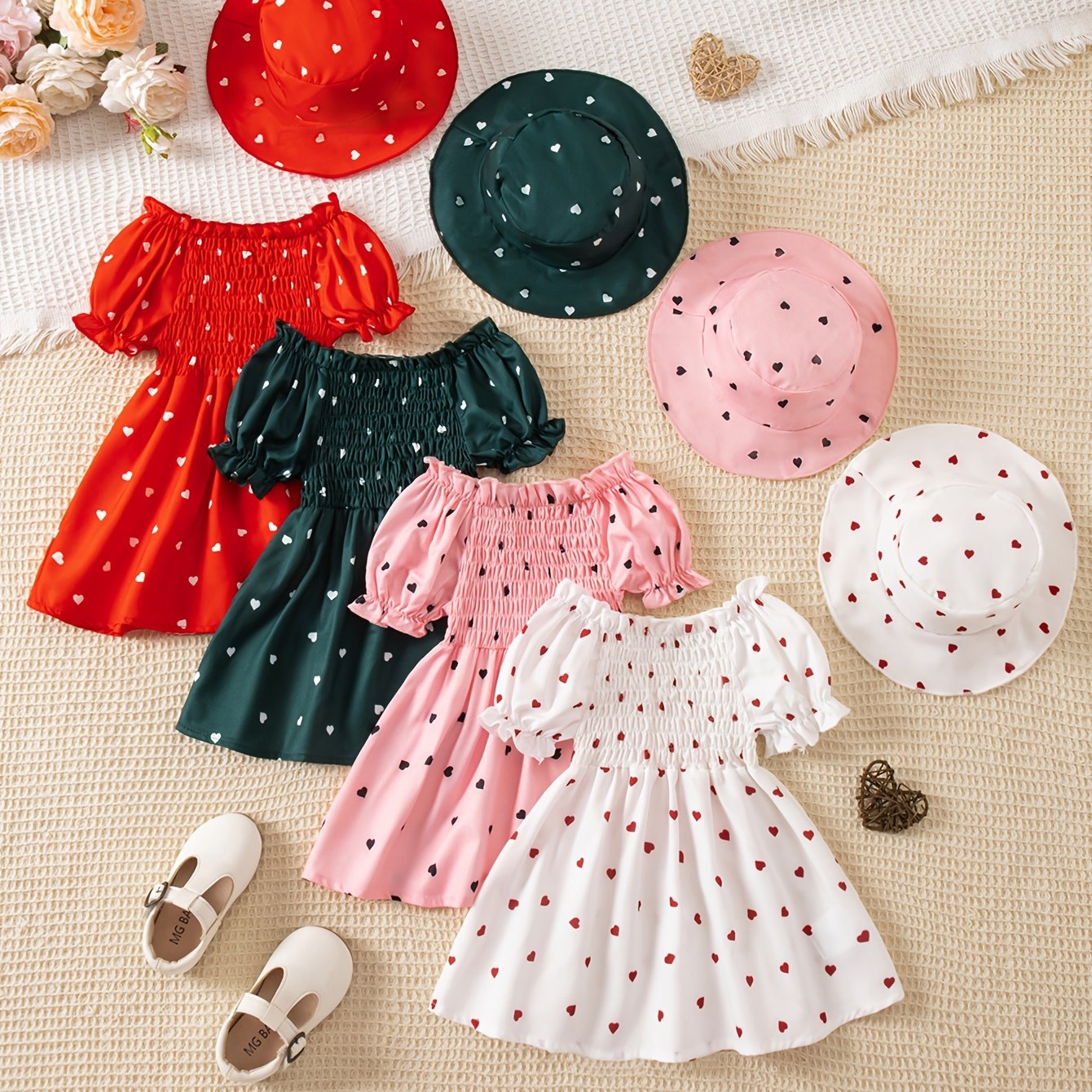 Image of 8pcs Set Girls' Heart Print Dress + Cute Hat, Summer Girls' Ruffle Sleeve Princess Dress, Outfit