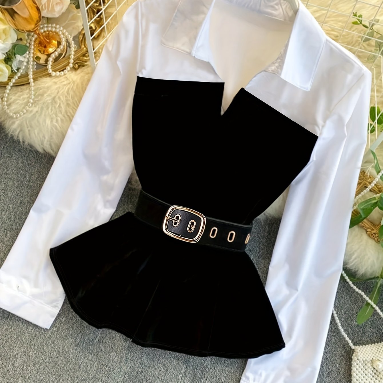 E-shop Damenmode Revers Patchwork Langarmshirt