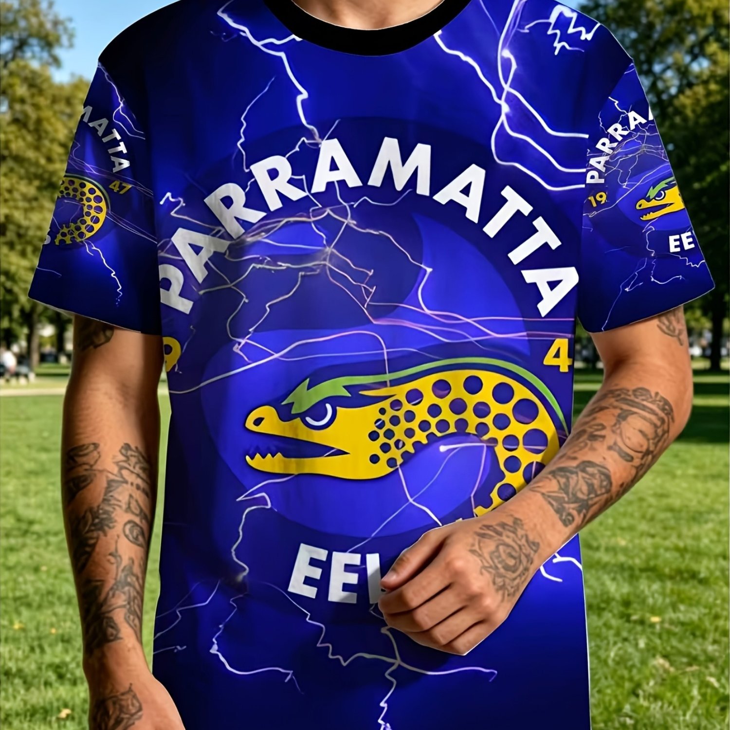 TEMU T-shirt, Retro Lightning And Eel Print T-shirt - Short Sleeve Round Neck, Football Individual New Style, Comfortable And Dry, Suitable For