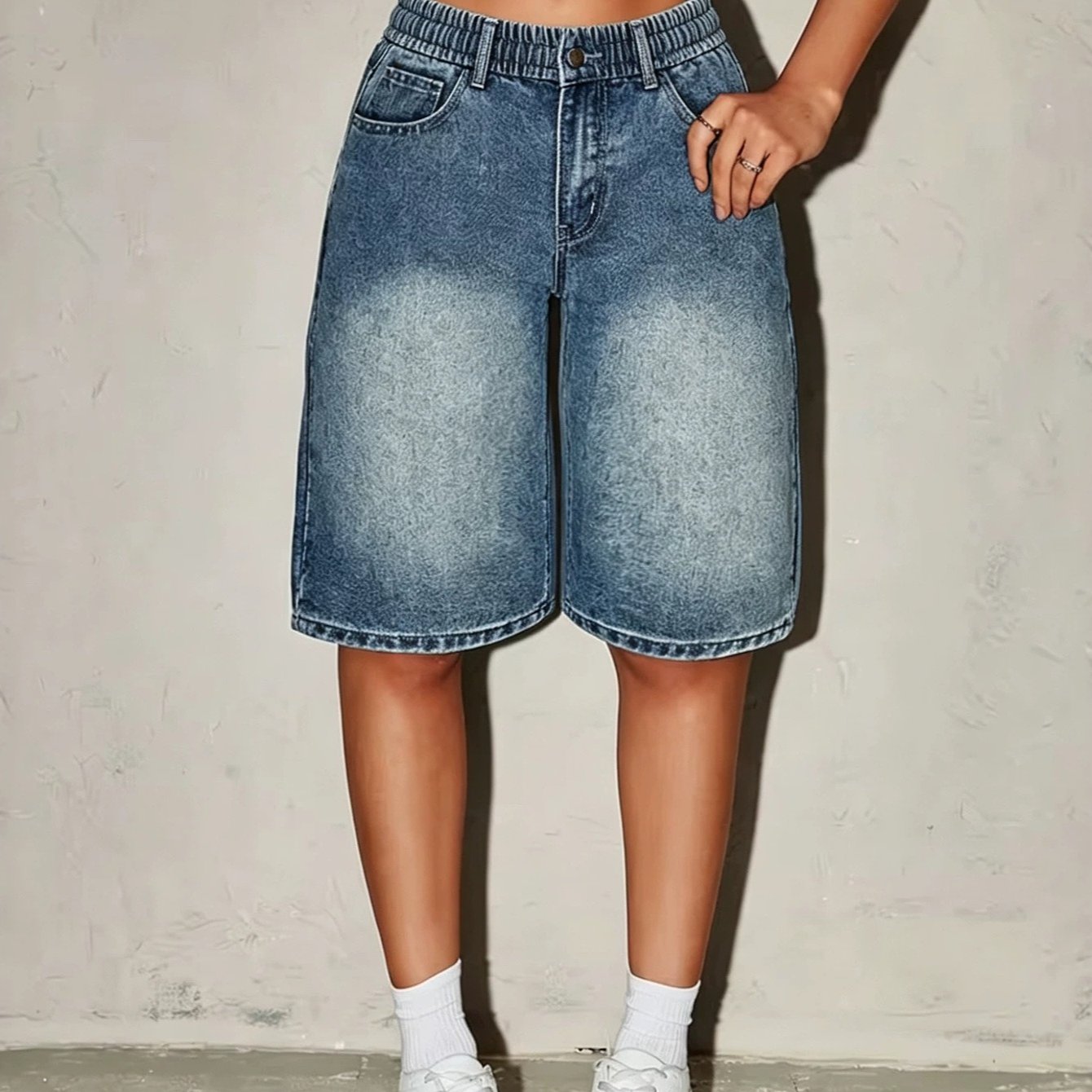 Image of Girls' Denim Bermuda Shorts Suitable For 5-15 Years Old - Wide Leg Elastic Waist Summer Shorts With Beltless Design, Pocketed Mid-thigh Length Pants, Casual Wide Pants For, & Daily Wear (no )