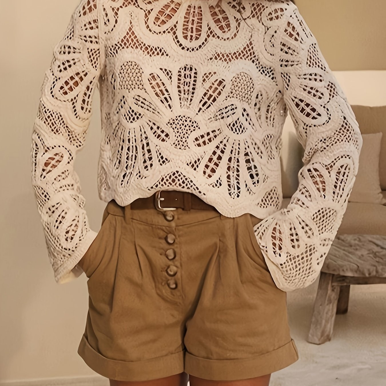 TEMU Haut pour femme de couleur unie à col rond et manches longues en crochet , style bohème, vêtement d'extérieur