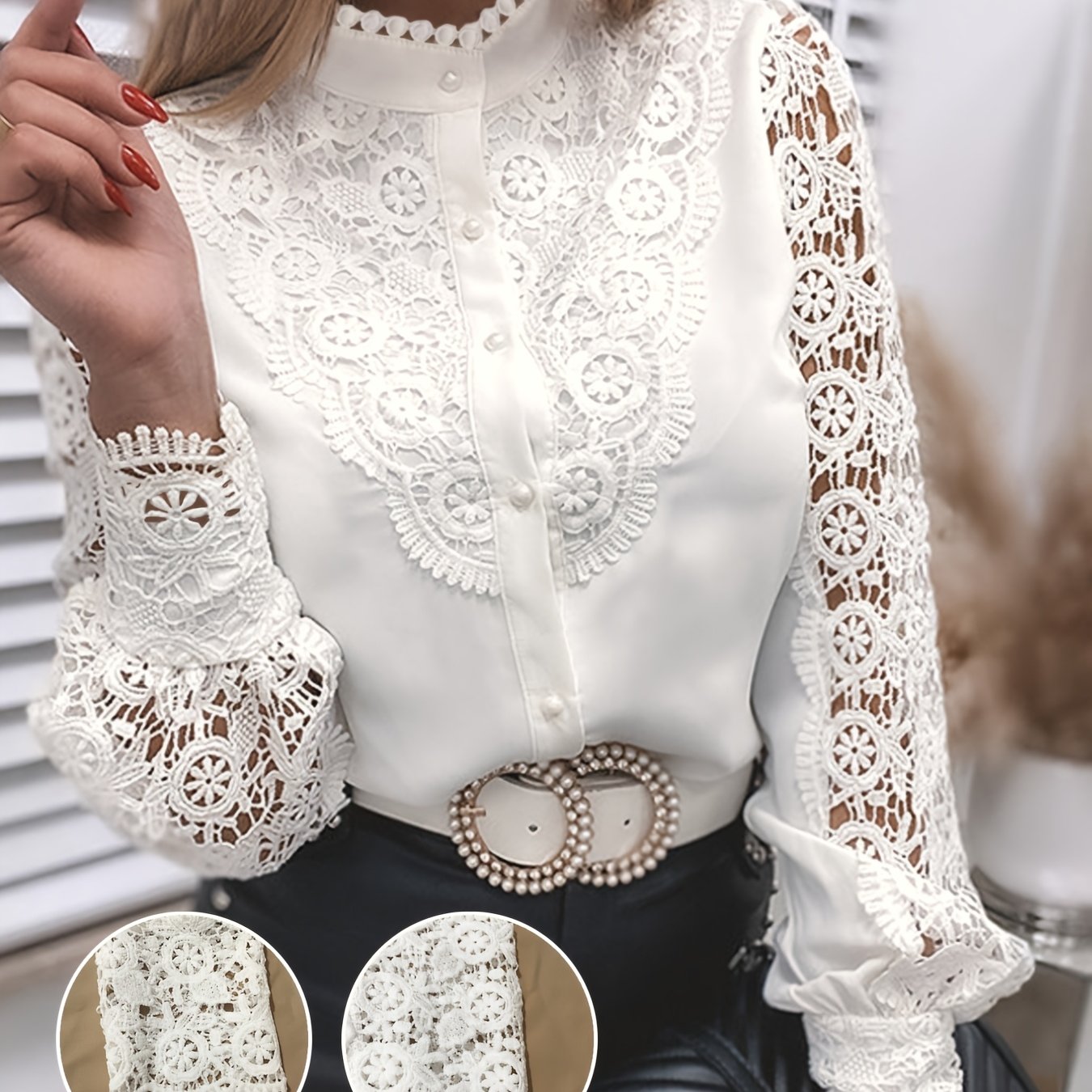 TEMU Lace Long-sleeved V-neck Button Shirt/blouse For Women. Collar, Semi-open Front With Intricate Lace Details.delicate Crocheted Lantern Sleeves