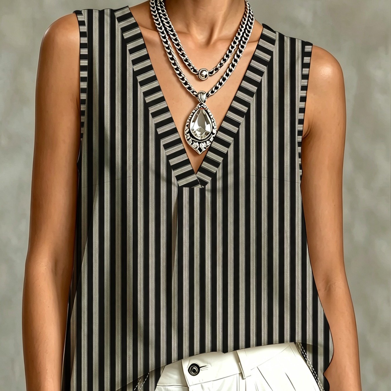 TEMU Classic Vertical Stripe V-neck Sleeveless Top, Simple And Elegant Tank Top, Skin-friendly And Breathable, For Casual Daily Wear, Accessories Not