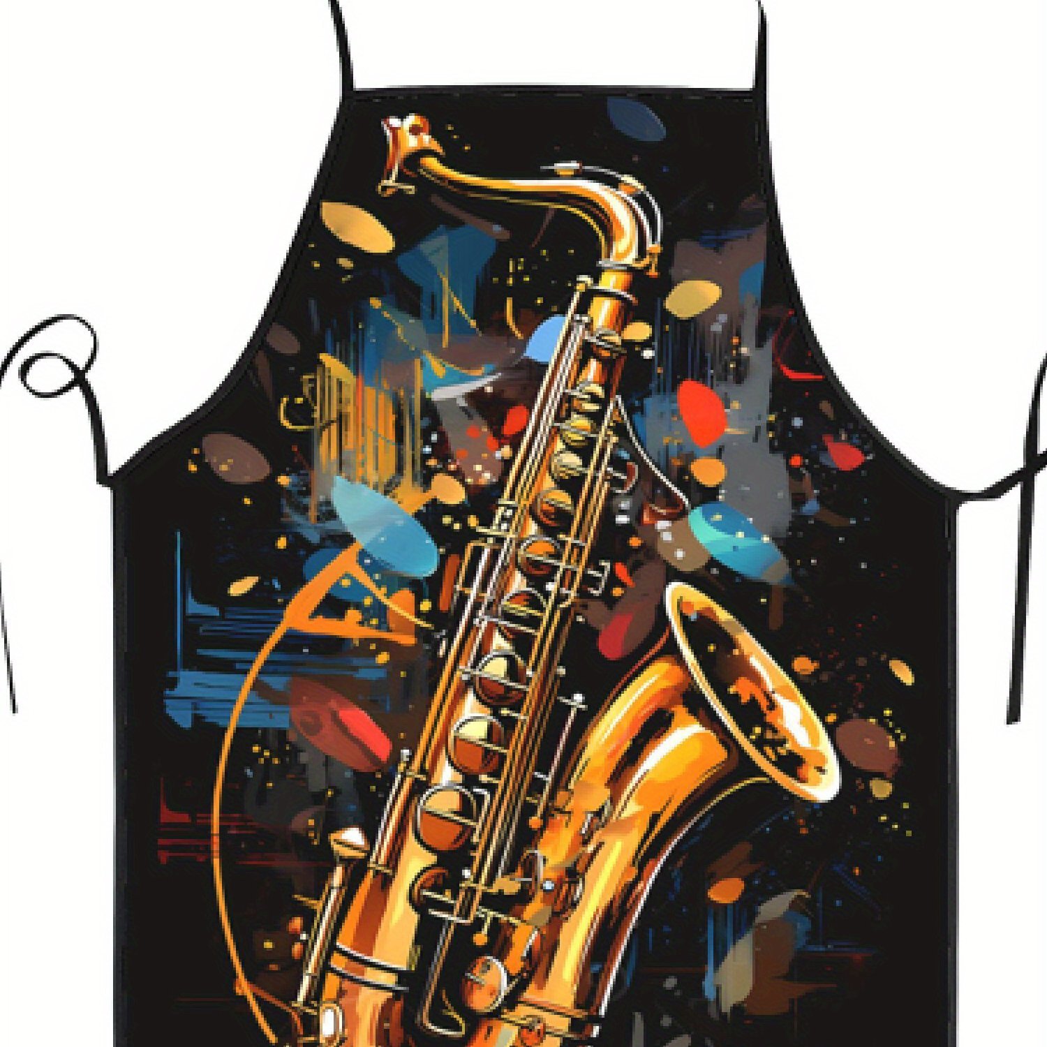 TEMU 1pc Vintage Saxophone Painting Printed Apron, Polyester 100% Sleeveless Bib With Stretch, Woven Fabric, 190g/㎡, For Kitchen Wear