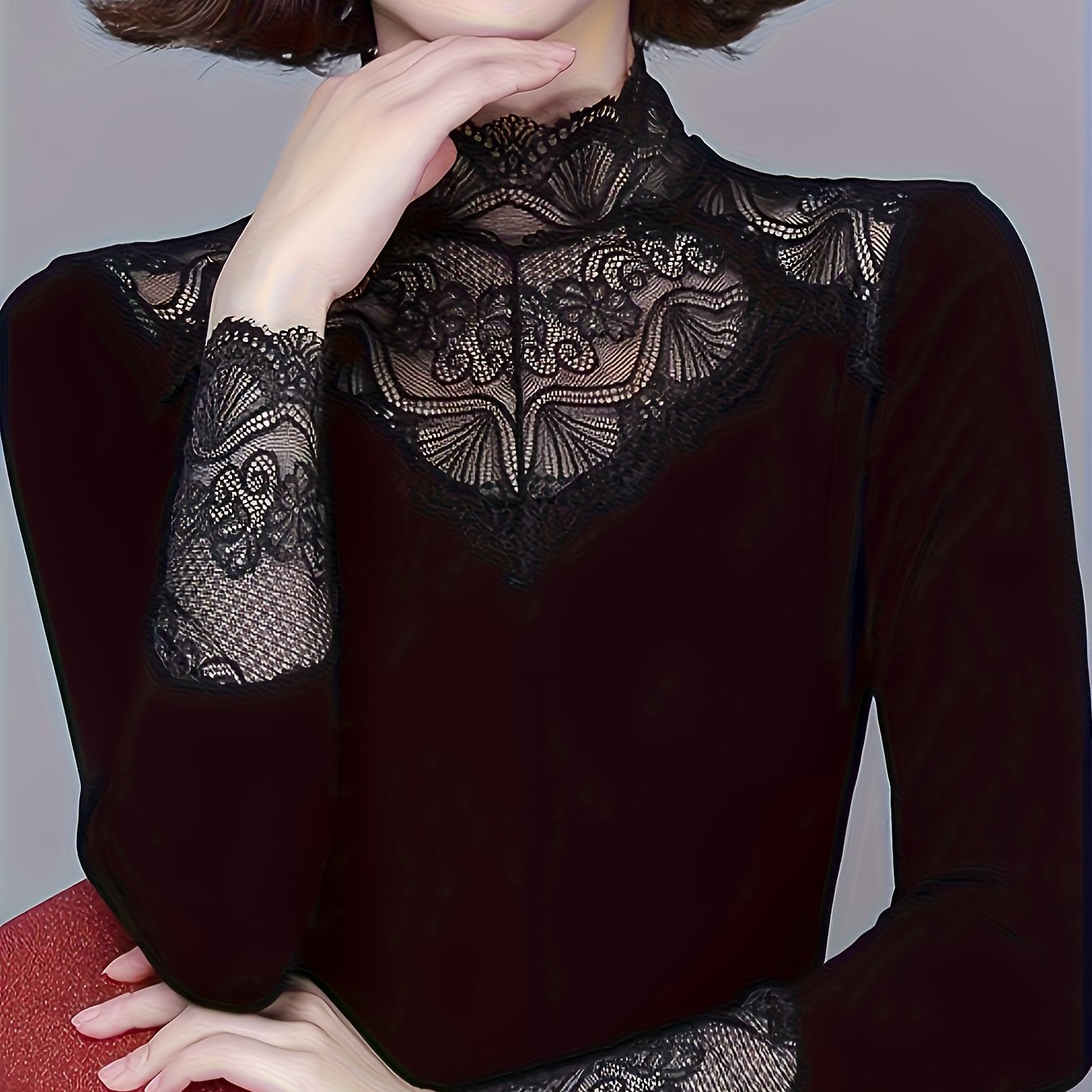 Image of Plus Size, New Plus Size High Neck Lace Base Layer Shirt, Fashionable And Stylish Black For Moms And Autumn