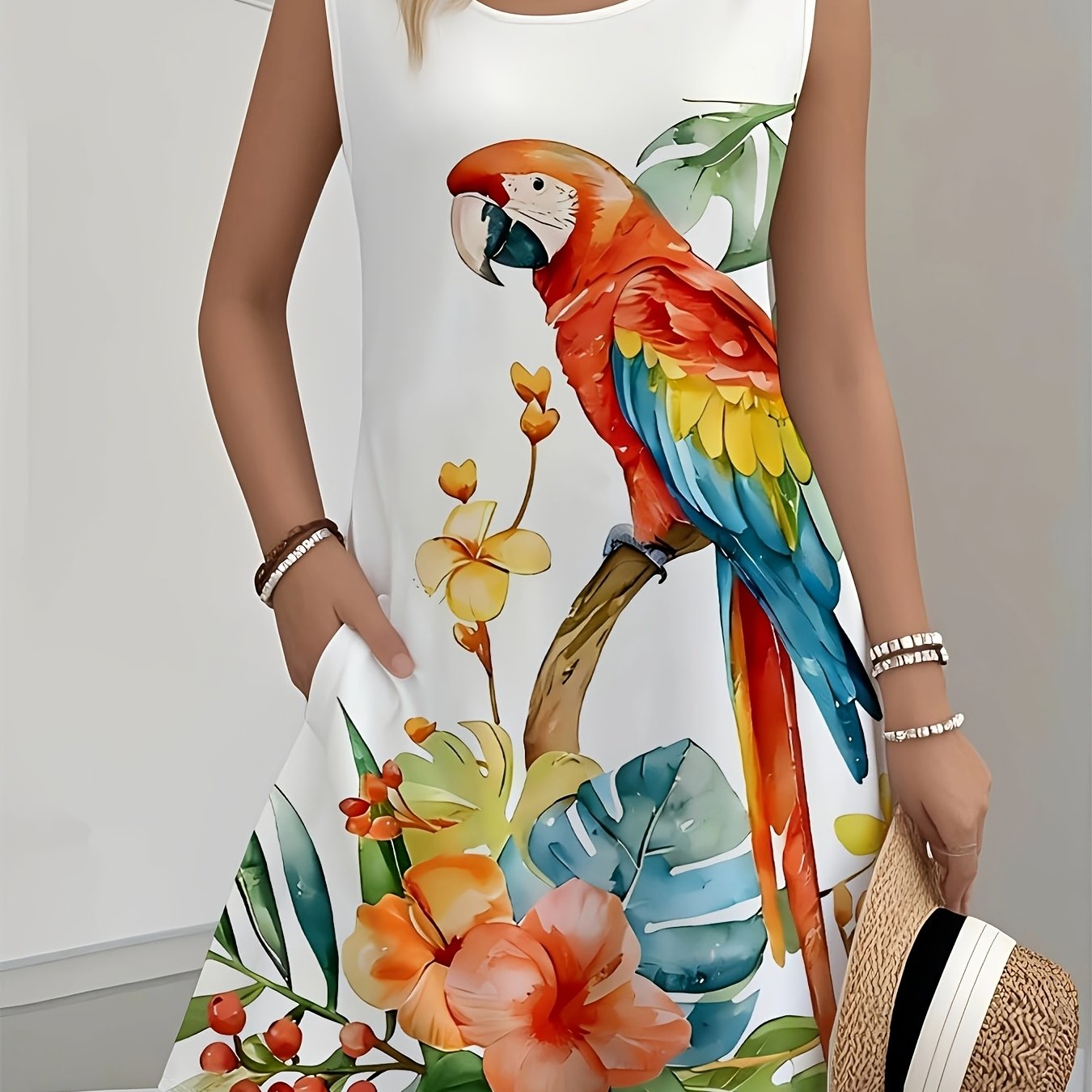 TEMU New Parrot Floral Dress, Loose And Sleeveless Vest Dress