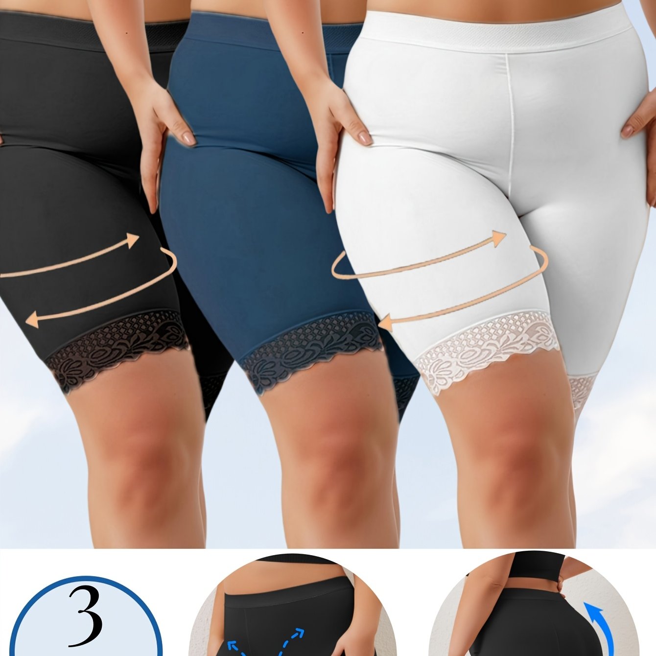 Image of 3-pack Women's Long Soft Comfortable Breathable Boxer Shorts With Lace Splicing, Elastic Waistband And Hip Lift Design, Anti-chafing Flat Panties For Smooth Thighs, Smooth Leg Shaping Underwear