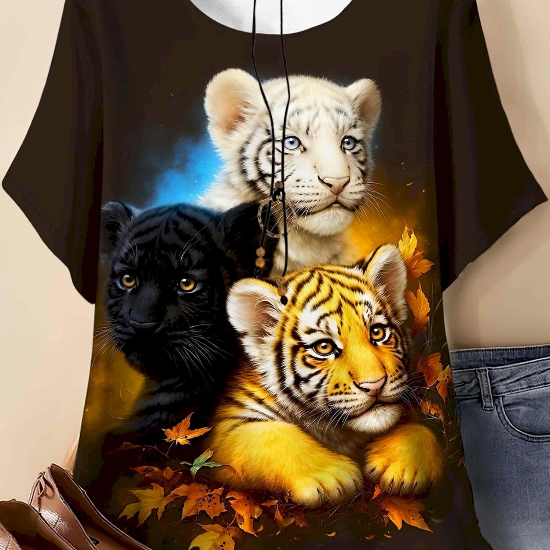 TEMU Plus Size, Plus Size Women's Summer Top, Tiger Print, Wildlife Forest Art Design, Casual Loose-fit T-shirt, Outfit, Suitable For Daily Wear, A