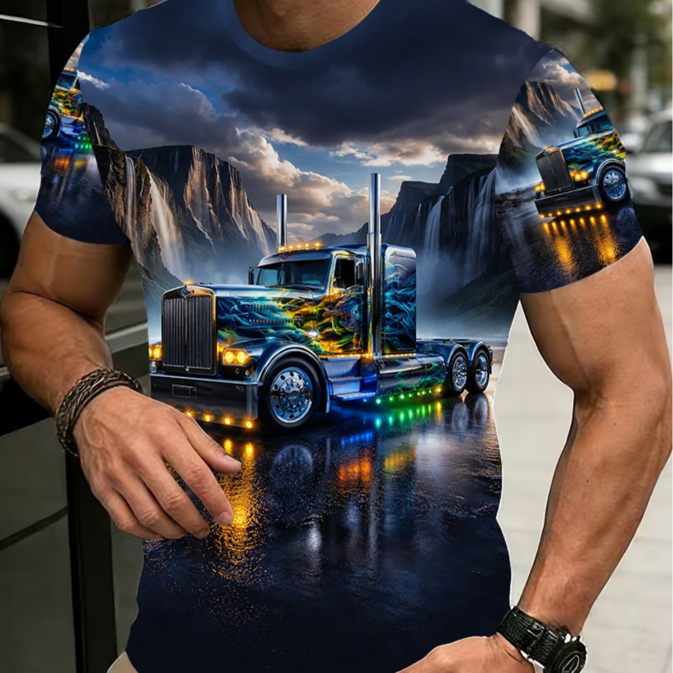 TEMU 2026 Summer 's Casual Sports 3d Printed Short Sleeve T-shirt- Street Style, Featuring A Design Of American Semi-trailer Trucks, Breathable Round