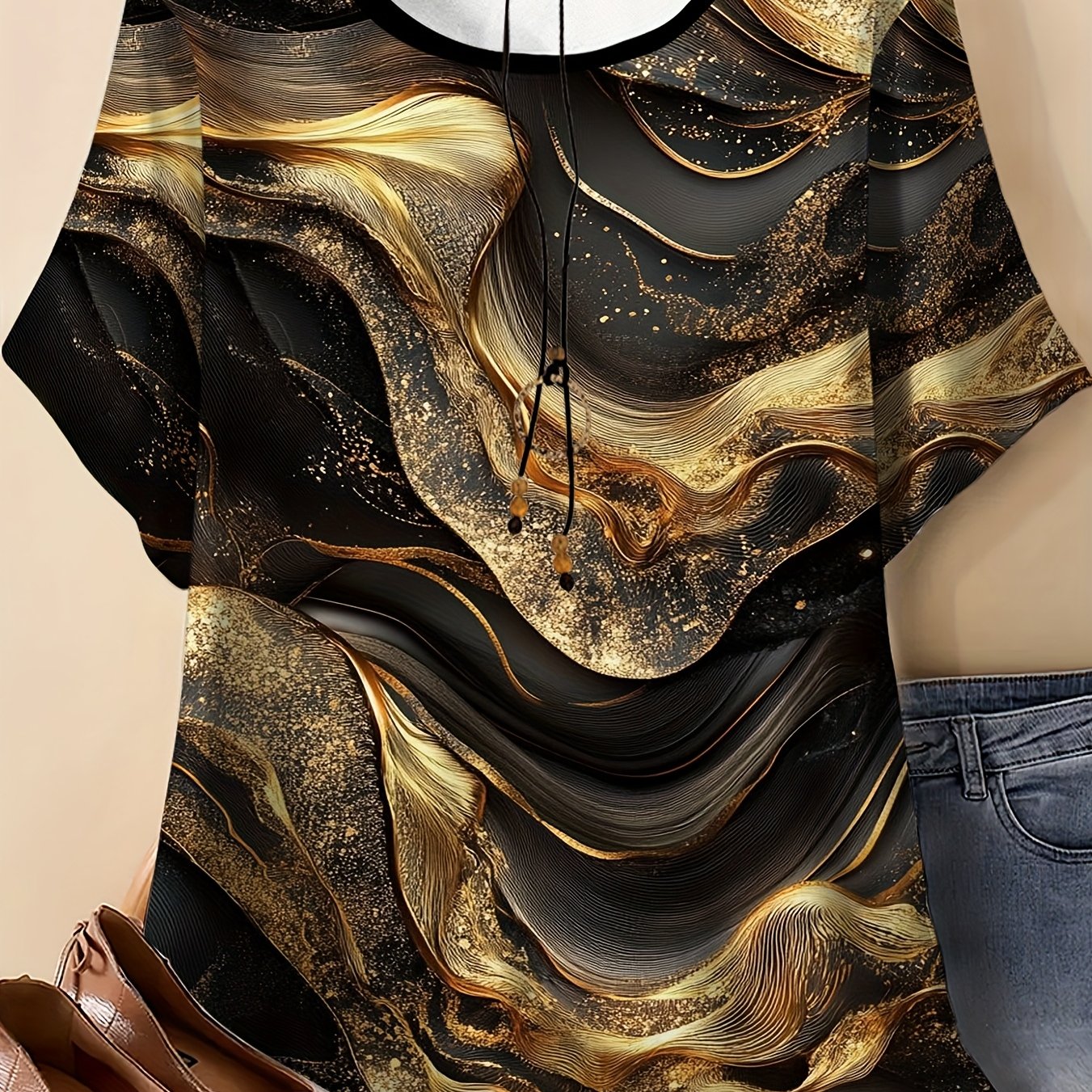 TEMU Summer Plus Size - Women's Round Neck Short Sleeve Top, Gilded Ripple Print, , Stylish And Fashionable. Medium Stretch Fabric - Loose Fit -