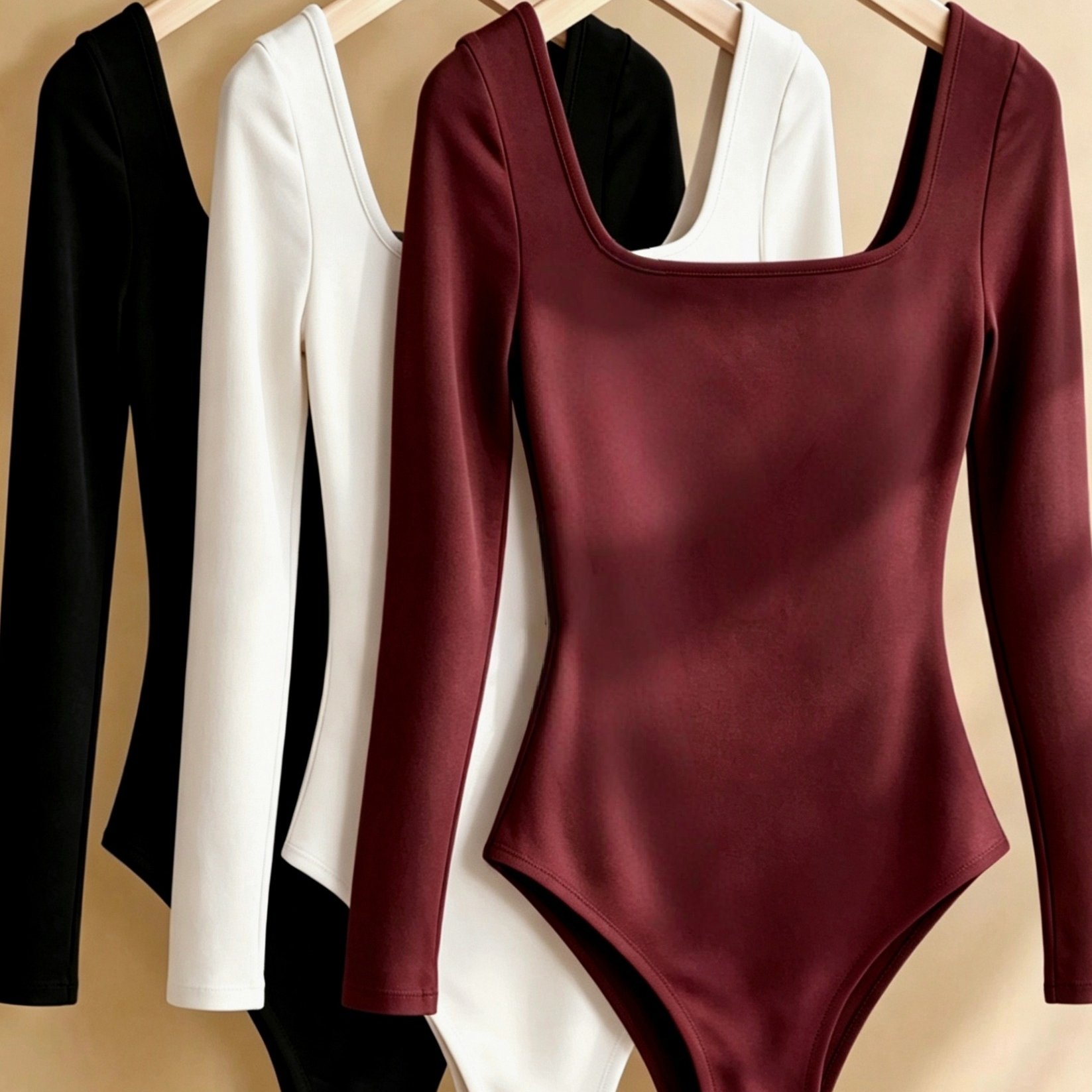 TEMU Women's 3pcs Set Long Sleeve Square Neck Bodysuit Slim Fit Solid Color Stretch Long Sleeve Bodysuit Base Layer Top Fall Winter Inner Wear Casual