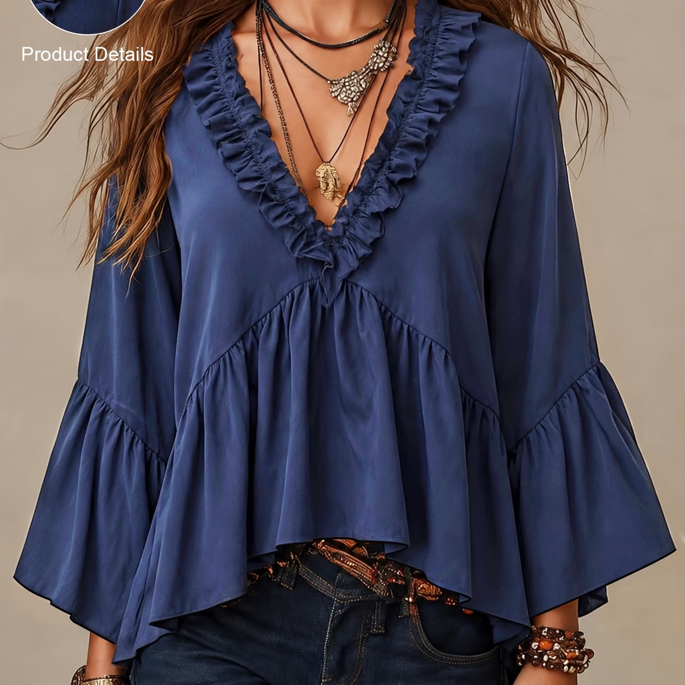 TEMU Bohemian Cover-up, Scalloped Trim Reinforced Neckline Layered Flared Trumpet Sleeves Overlapping Loose Fit Vacation Casual Long Sleeve Blouse
