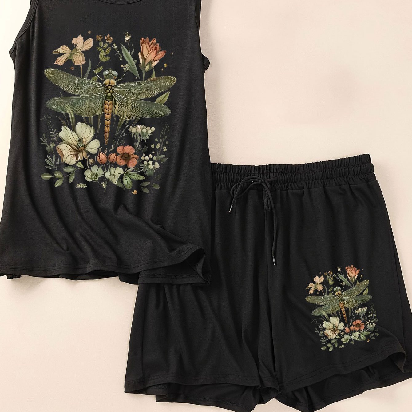 TEMU Dragonfly And Plant Print Plus Size Women's Fashion Casual Loose Set