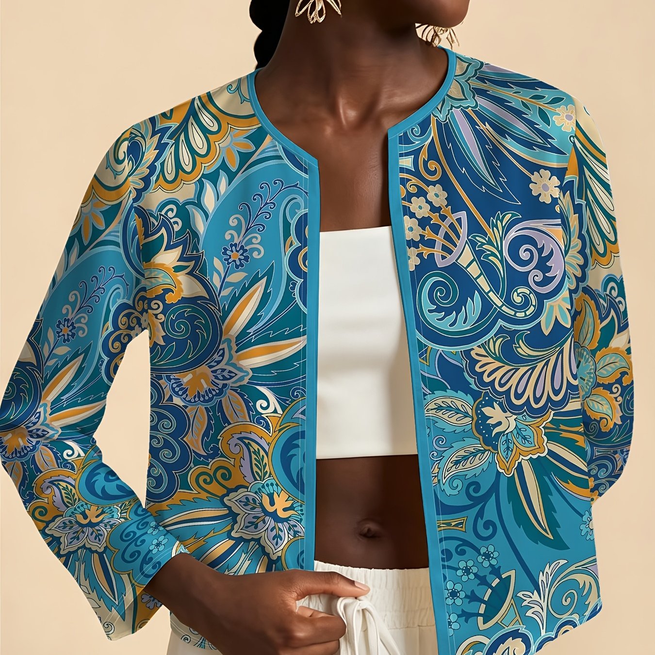 TEMU Vintage Ethnic-style Patterned Long-sleeve Outer Layer, Casual And Fashionable Cardigan Short Jacket, Lightweight And Versatile Summer For