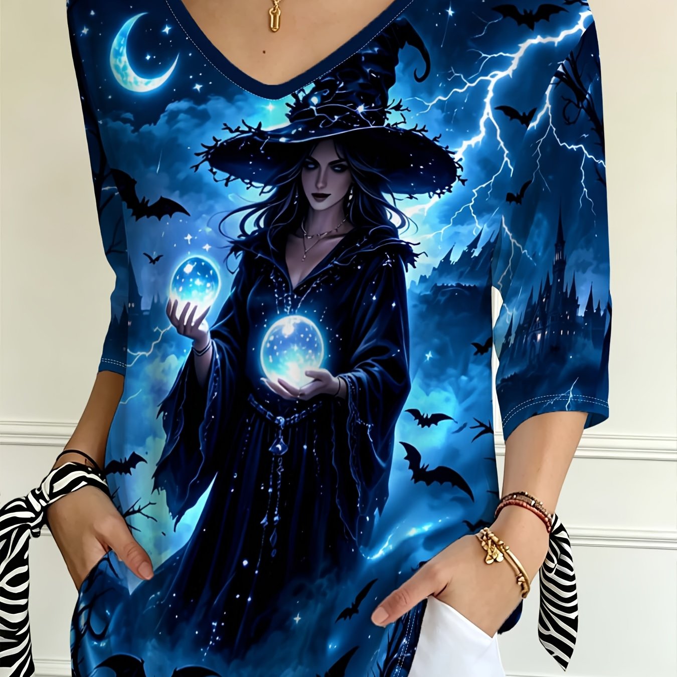 TEMU [printed Design – Not Textured] Halloween Gift Women's V-neck Three-quarter Sleeve T-shirt, Thunderstorm Ancient Robe Holding A Crystal Ball