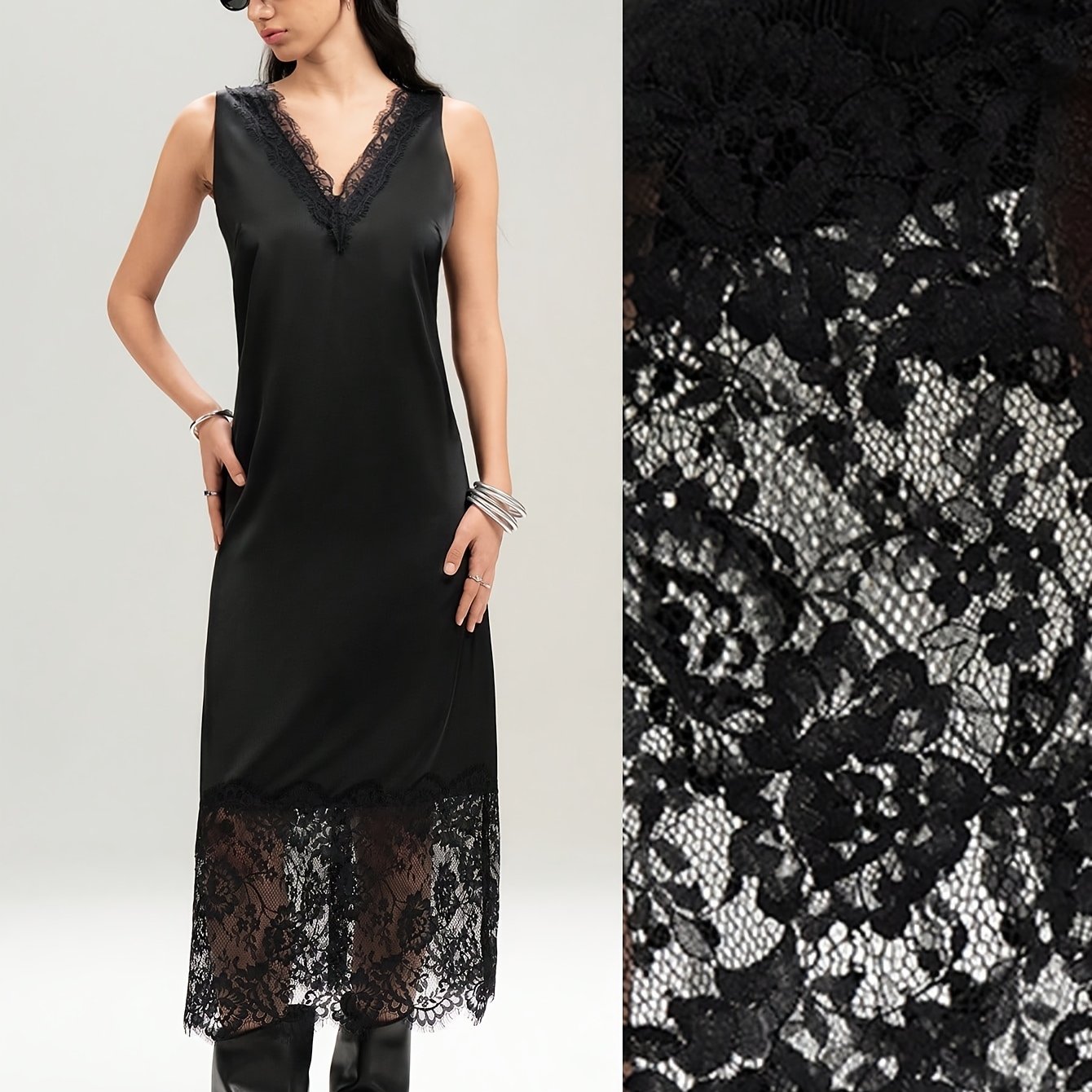 TEMU Elegant Women's Dress With V-neck And Lace Sleeveless Tank Dress, Suitable For Parties, Weddings, Formal Events, Dates, Valentine's Day,