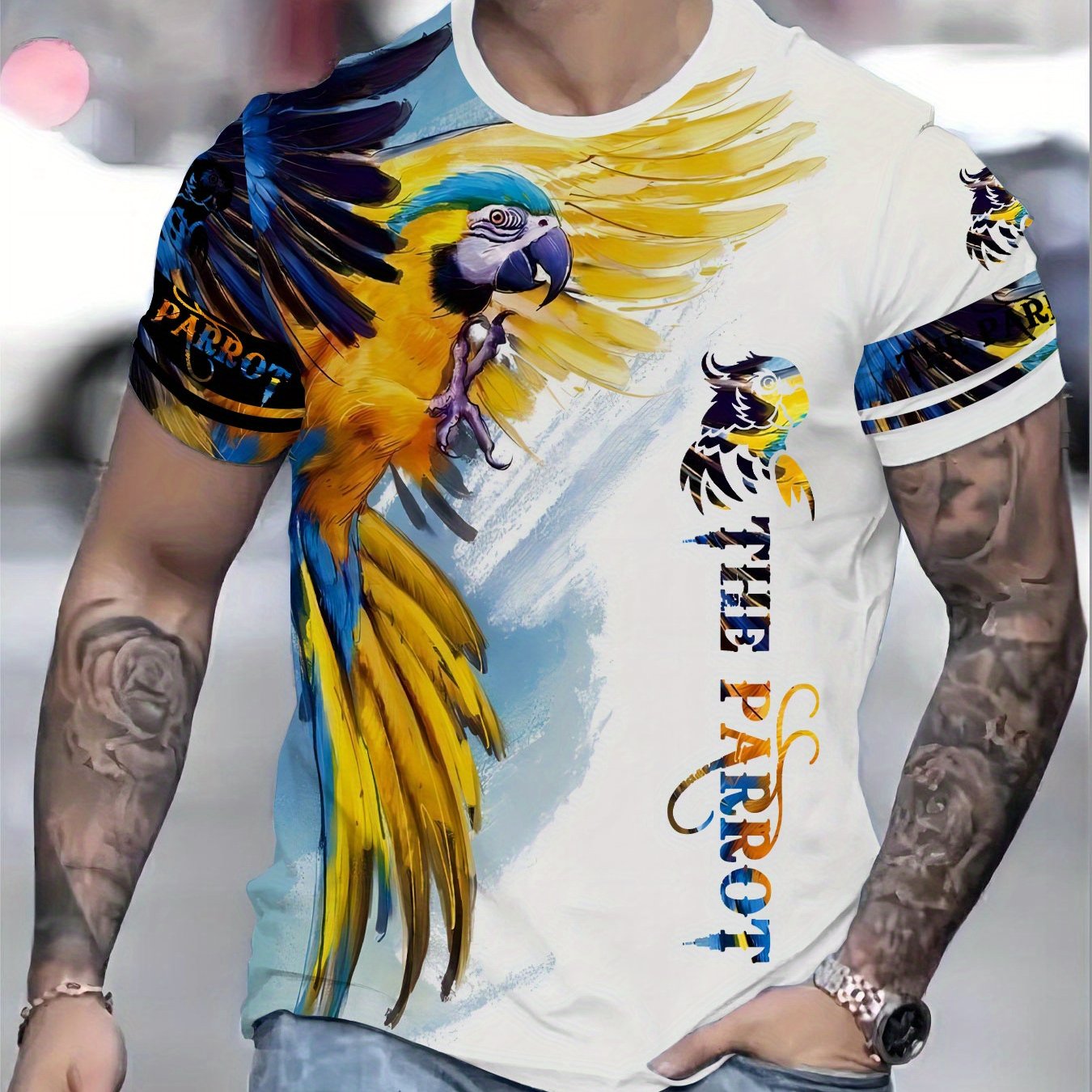 TEMU Fashionable T-shirt With A Colorful Parrot Pattern - Features The Text 'the Parrot', Designed For A , Perfect For Summer Wear For Men