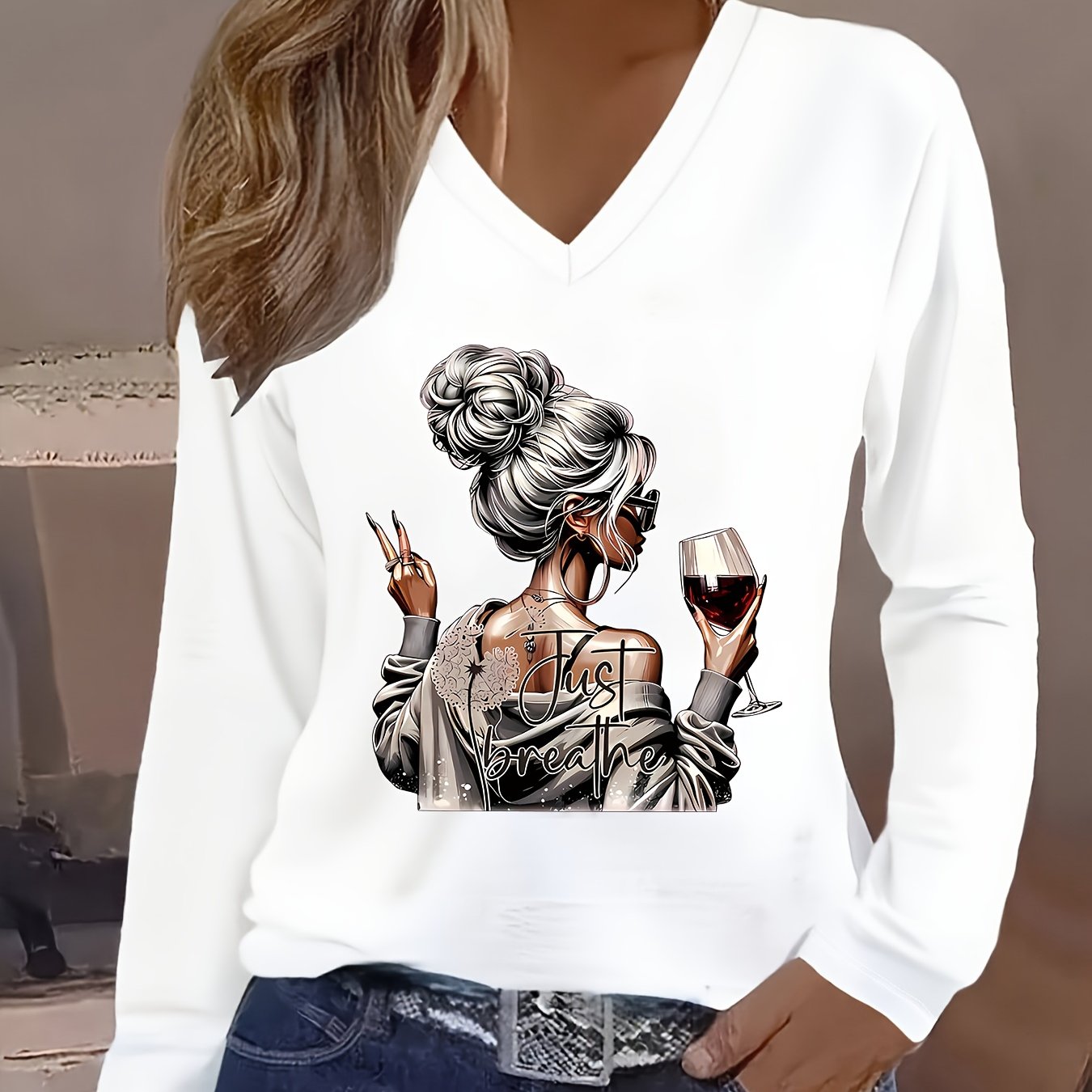 Women's V-neck Long-sleeve Printed T-shirt