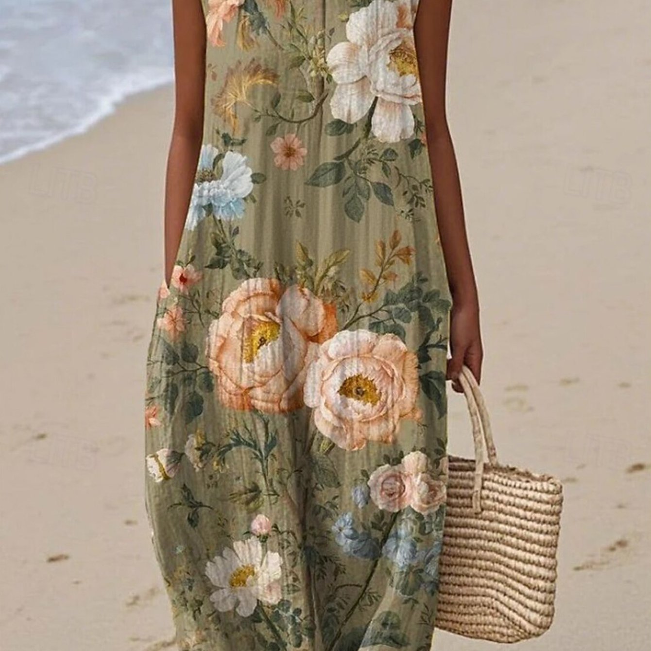 Image of Plus Size - Plus-size Women's Round Neck Sleeveless Loose-fitting Dress, Summer Olive With Vintage Oil Painting Rose Print, Mid-length A-line Skirt, Casual Beach Dress, And Versatile, Casual Wear