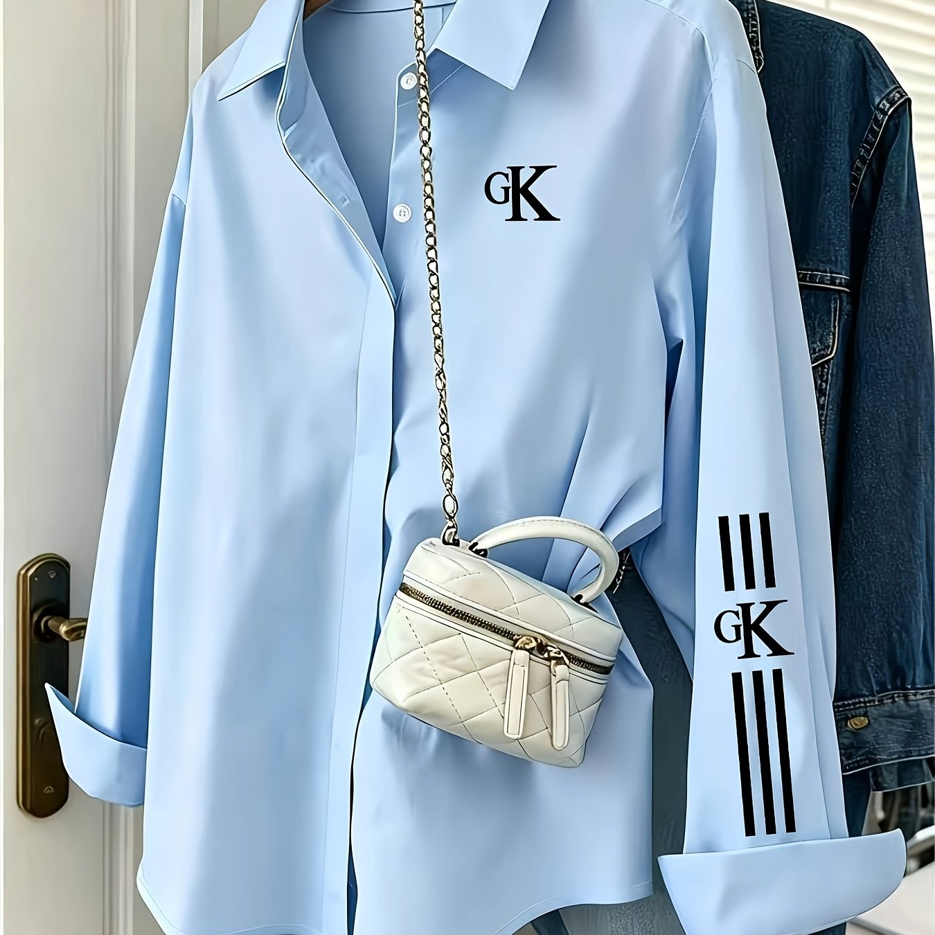 TEMU Gk Letter Print Collared Shirt Women's Long Sleeve Three- Blouse Casual Drapey Versatile Basic Top