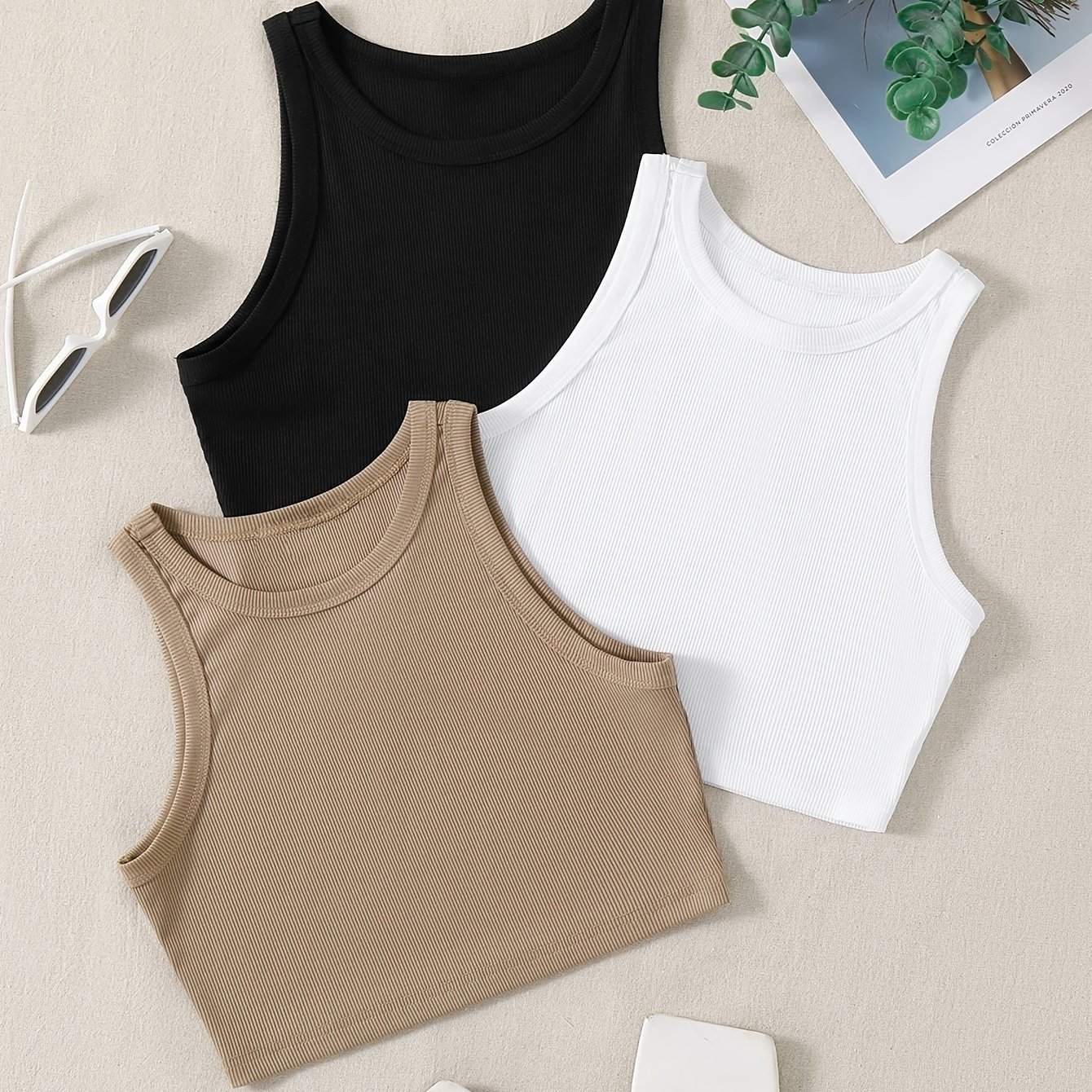 TEMU 3pcs Solid Color Women's Crop Tank Tops
