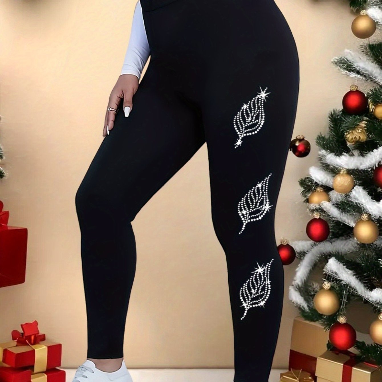 TEMU Plus Size - Plus Size - Christmas Plus Size Casual Pants, Women's Printed Elastic Stretch Leggings
