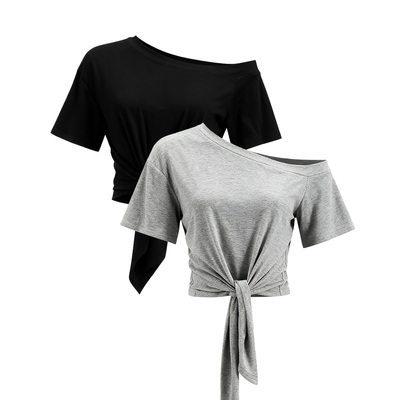 E-shop 2 Stück Damen Casual Off-Shoulder Kurzarm Crop Tops mit Knotendetail in der Taille 1024T-1