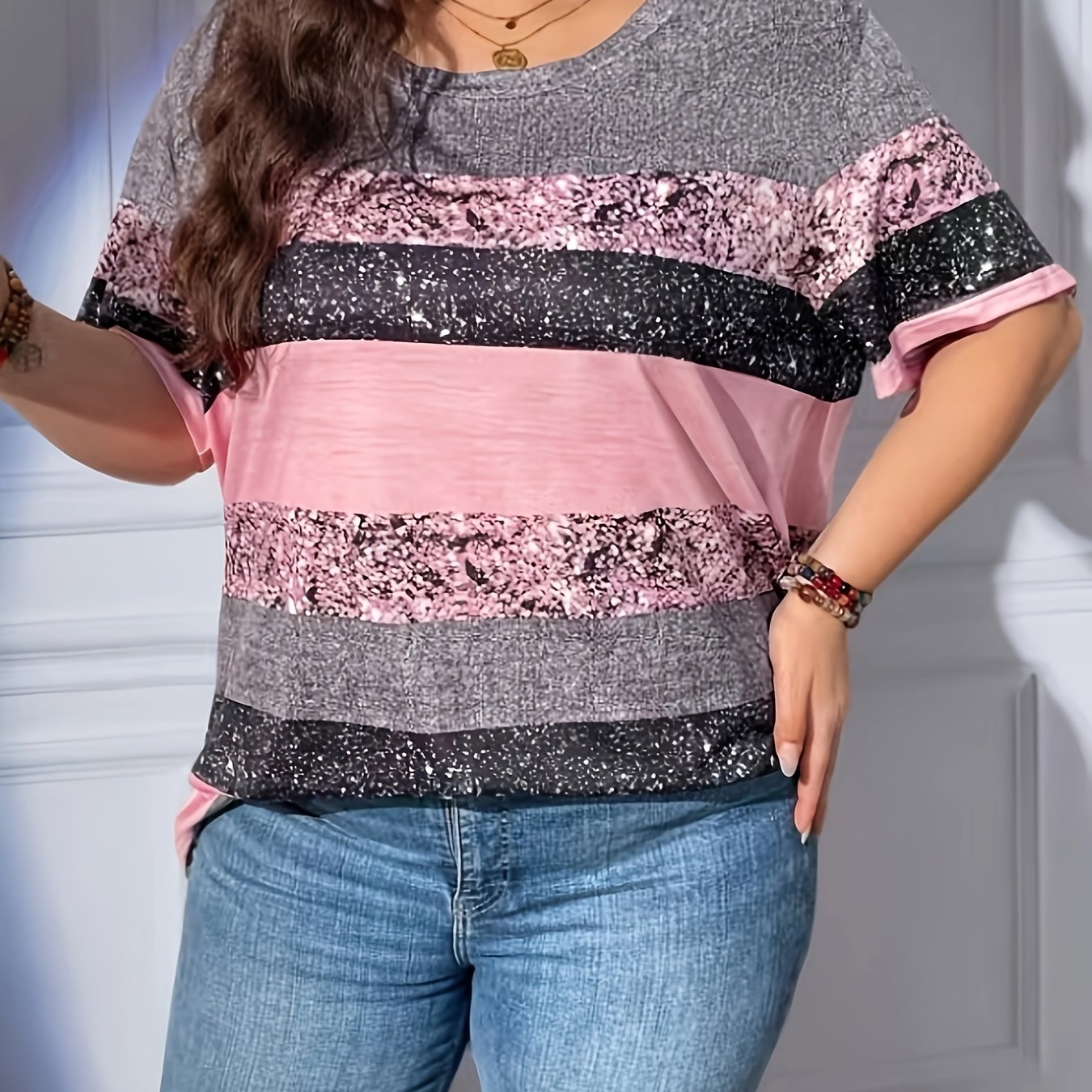 E-shop Plus Size - Plus Size - Plus Size Schimmerndes Streifenmuster Rundhals Damen T-Shirt, Multi-Gradient Farben