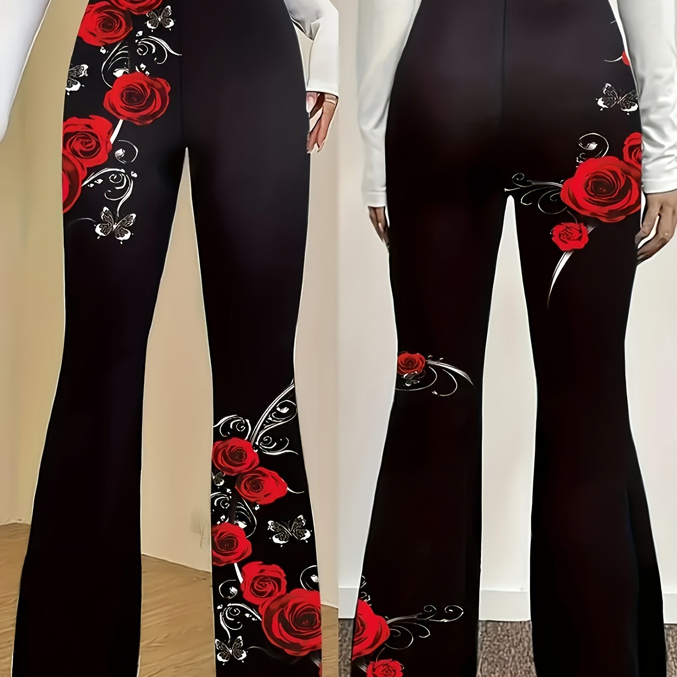 Image of Women's Elegant Floral Print Flared Trousers - Black, With Red Rose Flowers, , Suitable For Casual Or Formal Occasions, Comfortable And Fashionable | Floral Print Pants | Stretch Fabric