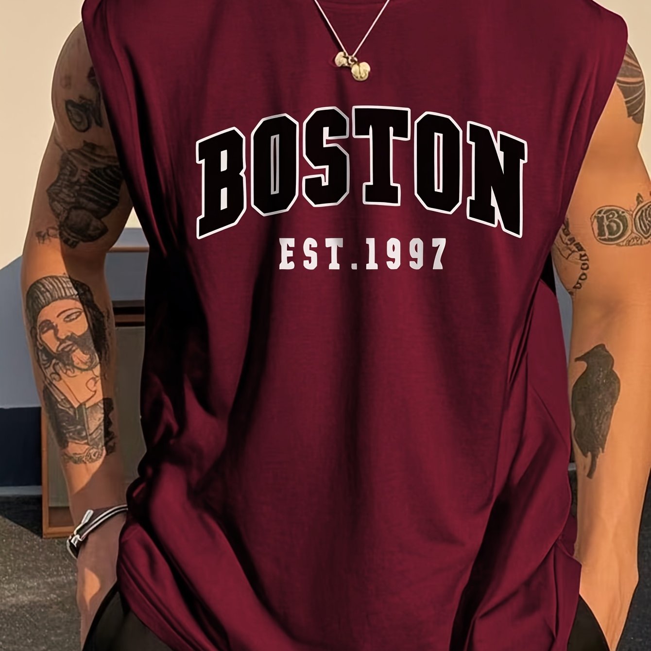 TEMU Boston 1997 Letter Print Sleeveless T-shirt Men's Preppy Vest