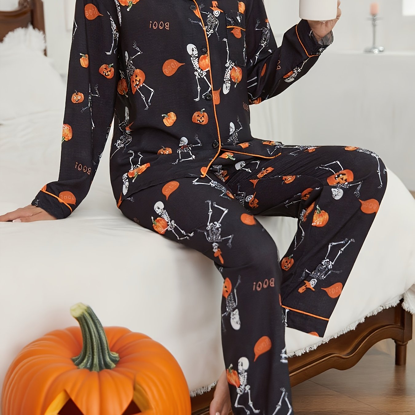 TEMU Women's 2pcs Halloween Party Set With Pumpkin Lantern And Skull Print, Comfortable Contrast Trim Color-block Long Sleeve Top And Pants,