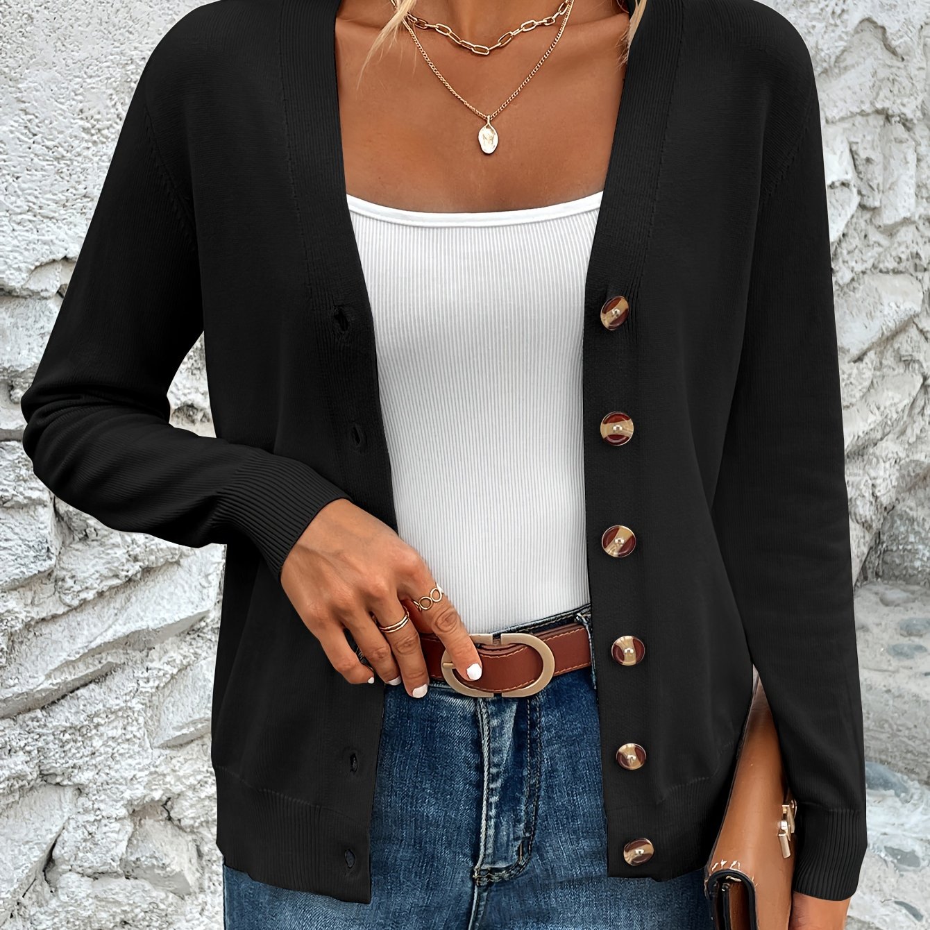 Solid Color Button Front Top, Elegant V Neck Long Sleeve Cardigans Top For Day, Women's Clothing